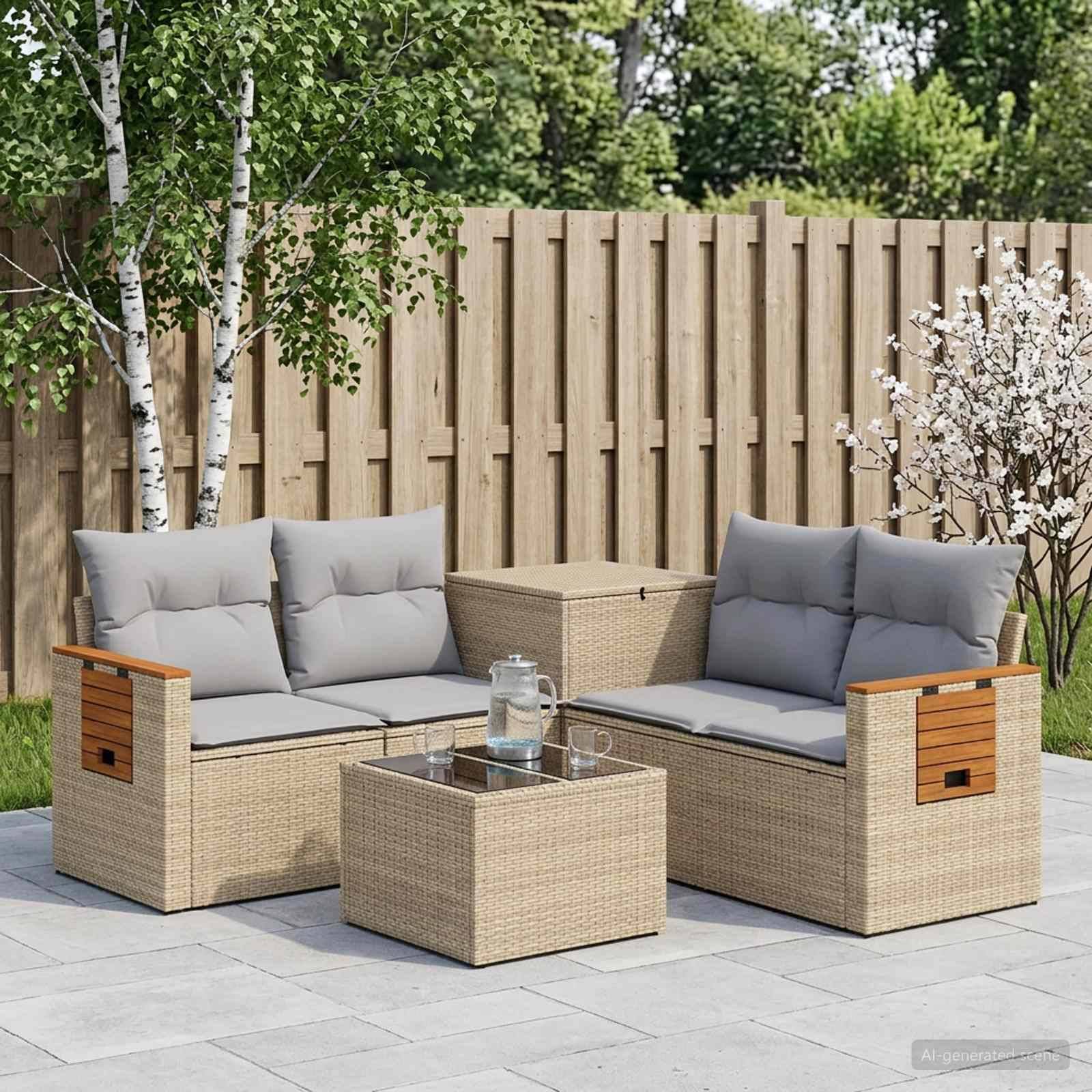 Outdoor-Terrassenmöbel-Set mit zwei Rattansofas, passendem Tisch und grauen Kissen in einem umzäunten Garten.