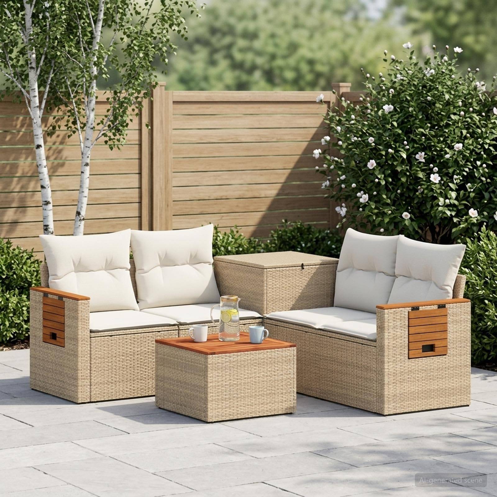 Outdoor-Terrassensitzgruppe mit zwei gepolsterten Rattan-Sofas, passendem Tisch und Ottomane, angeordnet auf einer Steinterrasse in einem Garten.