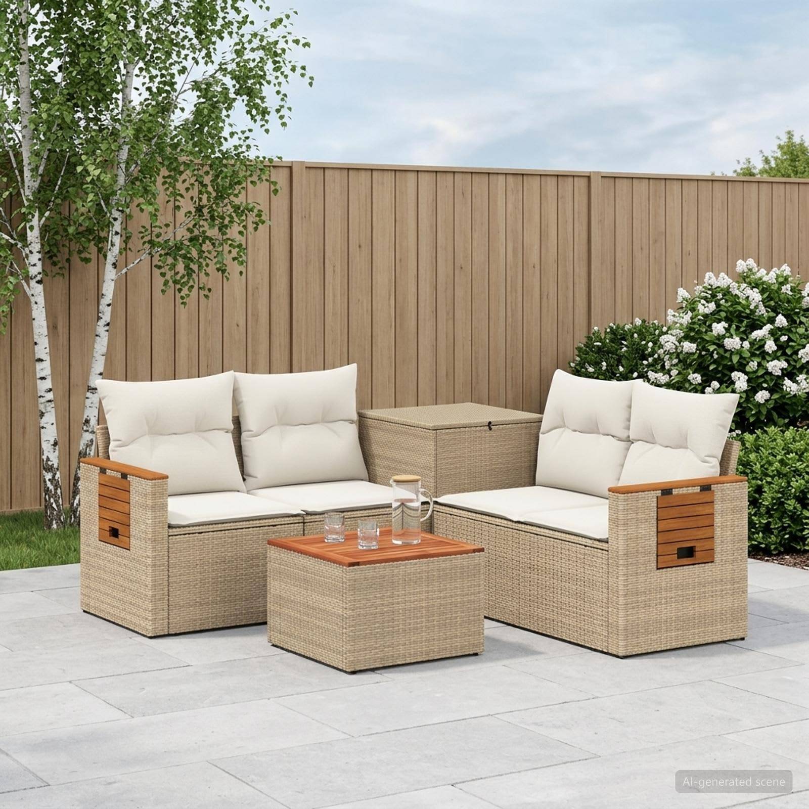 Outdoor-Terrassensatz mit zwei beigen gepolsterten Sofas, passendem Tisch und einem niedrigen Couchtisch auf einer gepflasterten Terrasse neben einem Holzzaun und Sträuchern.
