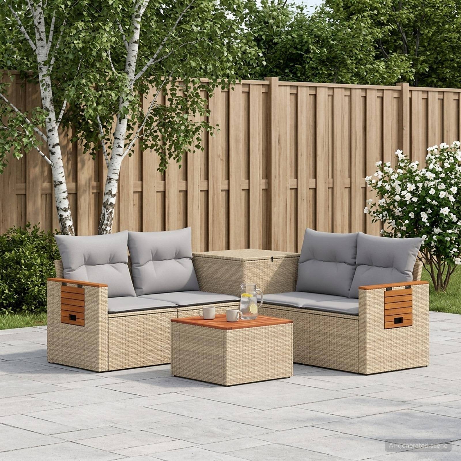 Outdoor-Terrassensitzgruppe mit zwei Korbsofas, passendem Hocker und Couchtisch, graue Kissen, angeordnet auf einer gepflasterten Hof-Terrasse.