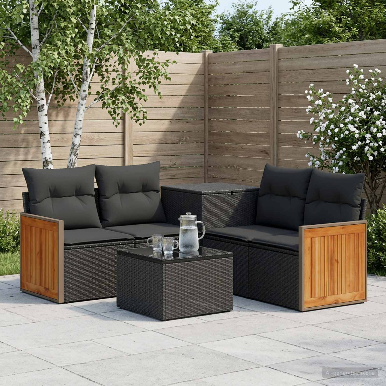 Outdoor-Patio-Ecksofa-Set mit schwarzen Kissen, Holzseitenpaneelen und passendem Couchtisch auf einer gepflasterten Gartenterrasse.