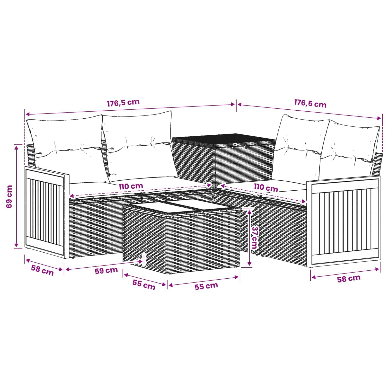 Diagramm eines Gartensofas mit Couchtisch mit Abmessungen: jede Seite 176,5 cm breit, 69 cm hoch, 110 cm Sitzbreite und Tisch 55 cm quadratisch.