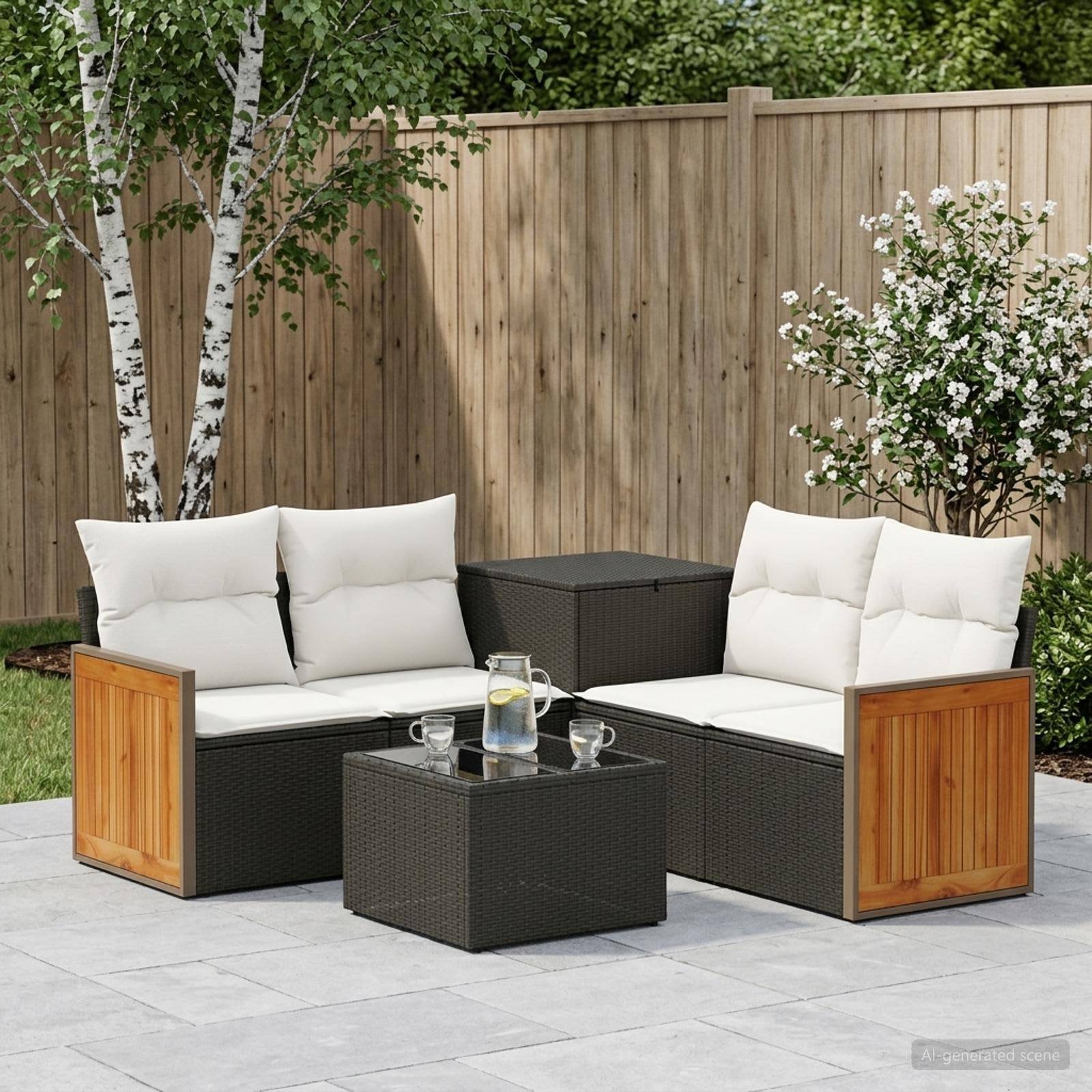Gartenplatz-Sitzgarnitur mit zwei Korbsofas, einem Couchtisch und Kissen neben einem Holzzaun und blühenden Sträuchern.