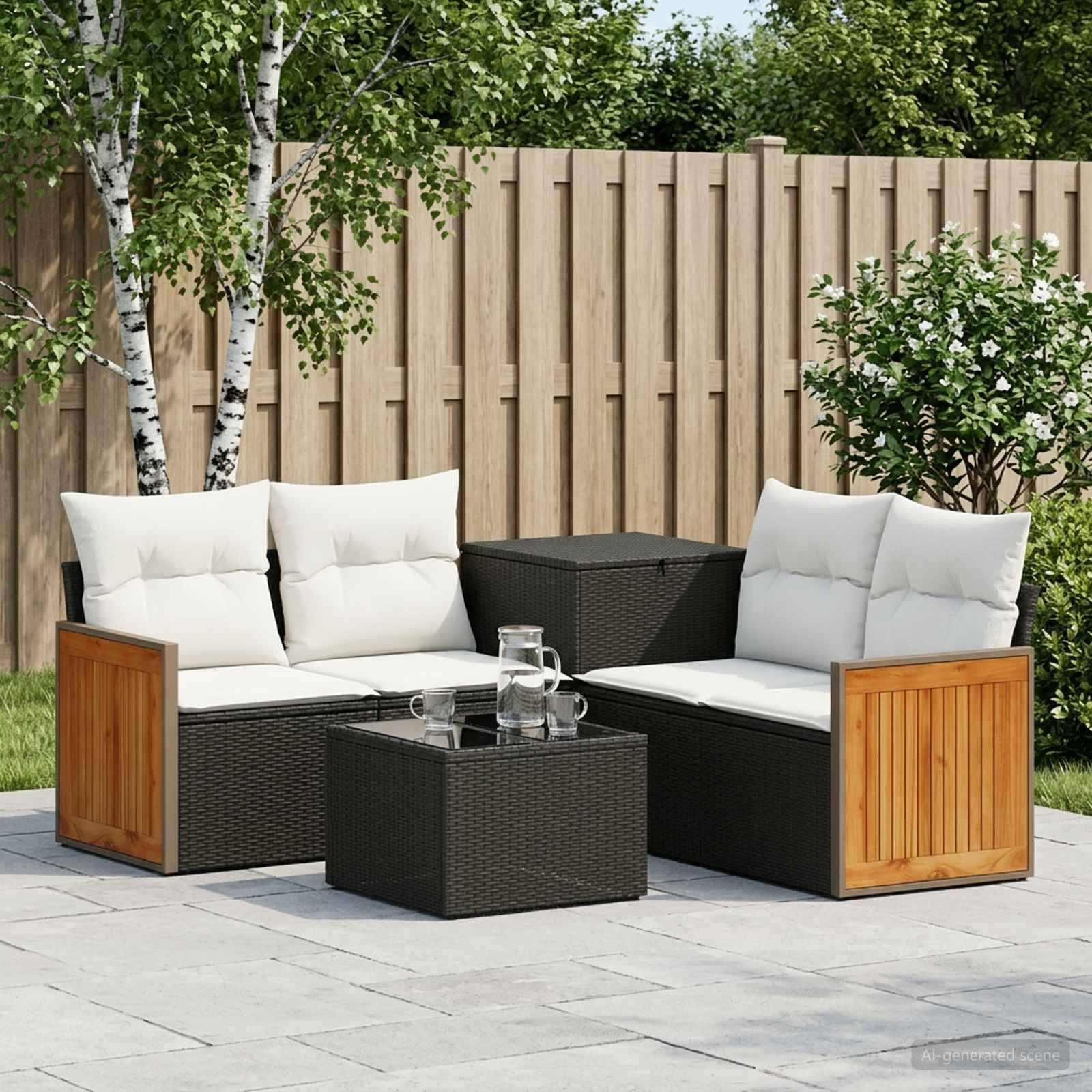 Outdoor-Terrassenmöbel-Set mit zwei dunklen Rattanliebessitzen, weißen Kissen und passenden Couchtischen auf einer gepflasterten Terrasse neben einem Holzzaun.