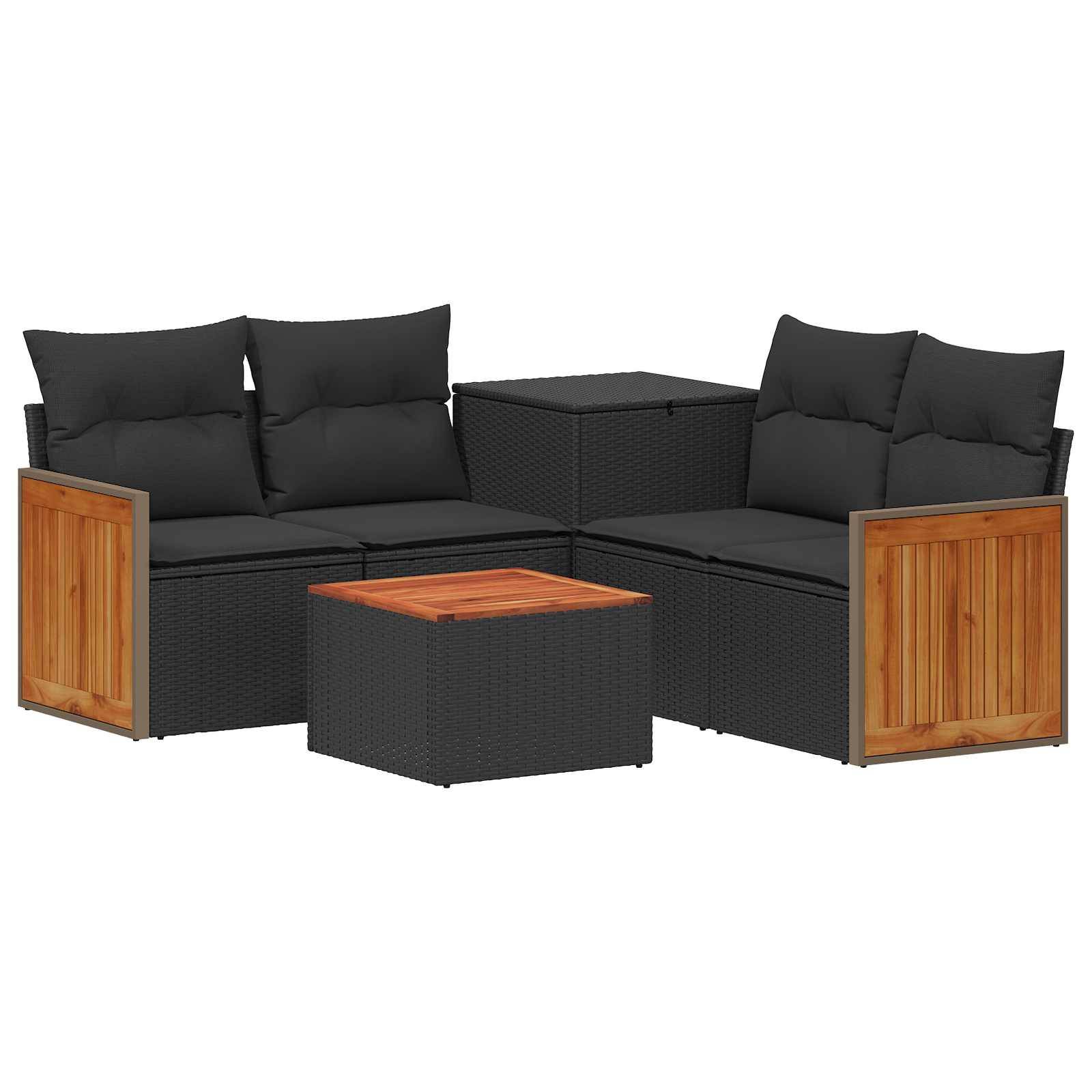 Schwarzes Polyrattan-Außensektionalsofa mit Holzakzent-Armlehnen, passendem quadratischen Couchtisch und zentralem Aufbewahrungs-/Beistelltisch
