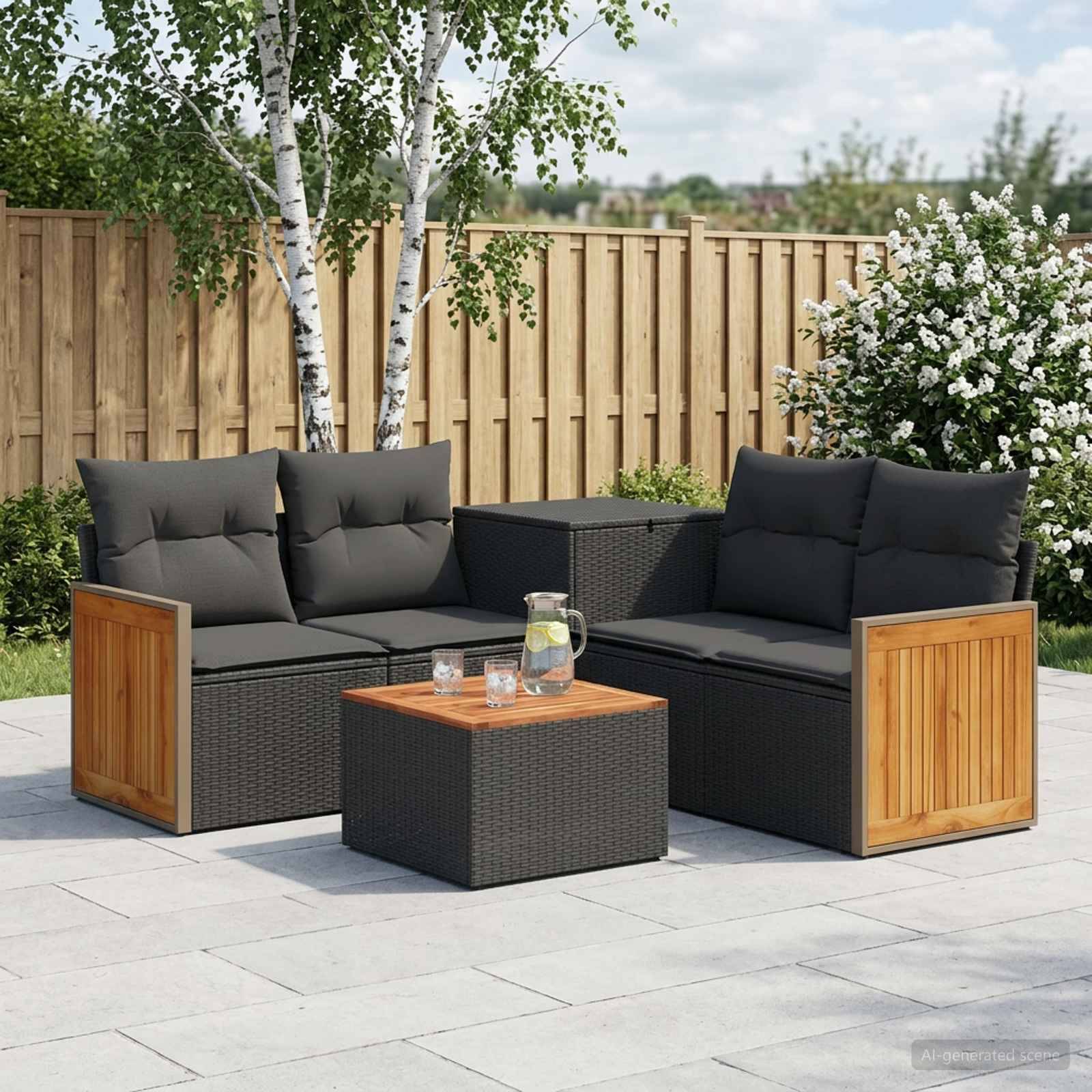 Outdoor-Terrassenmöbelset mit zwei dunklen Rattansofas, Holzarmlehnen und einem kleinen Couchtisch mit Getränken im Hinterhof.