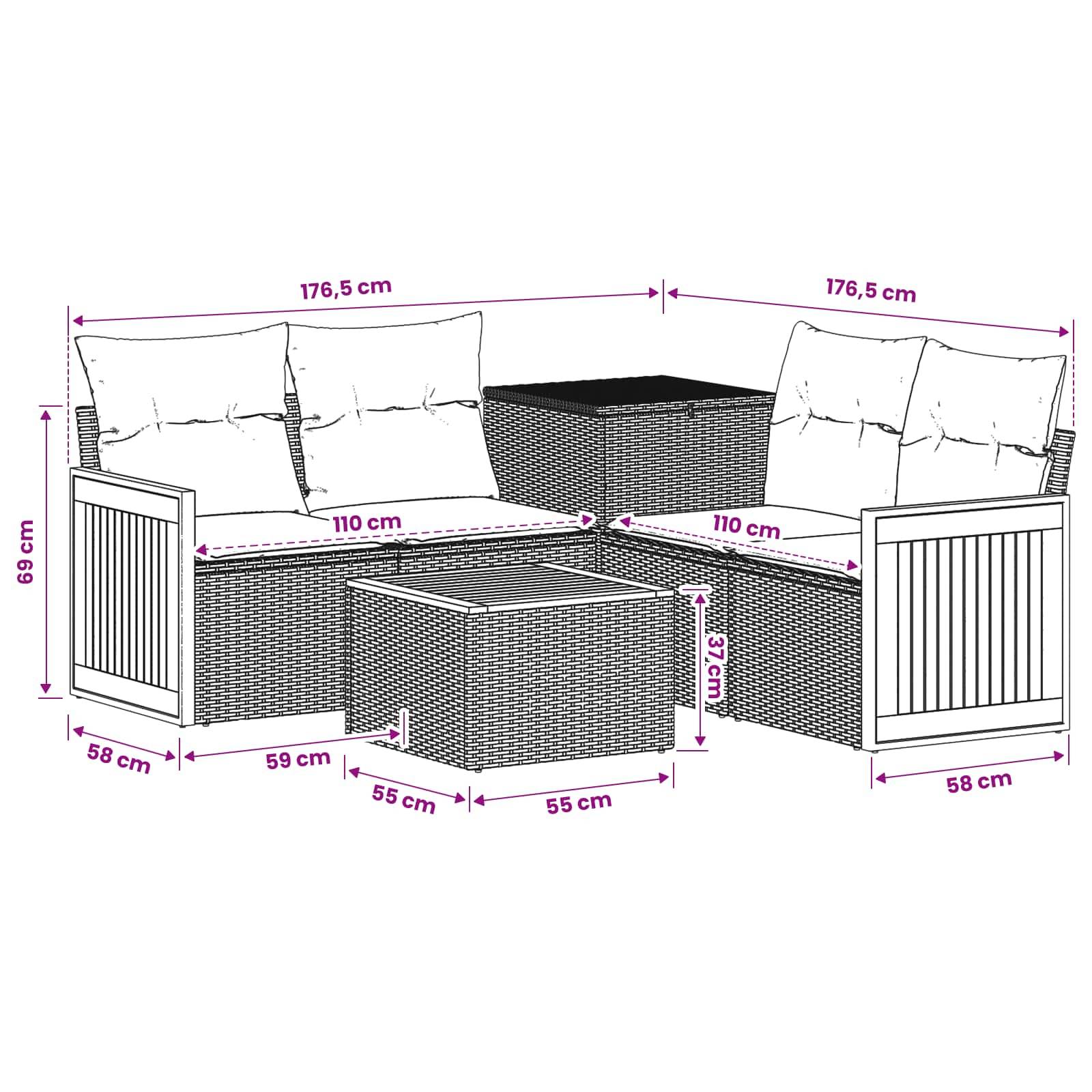 Diagramm eines Outdoor-Loungemöbel-Sets mit zwei Eckplätzen, Beistelltischen und passendem Couchtisch mit Abmessungen in cm.