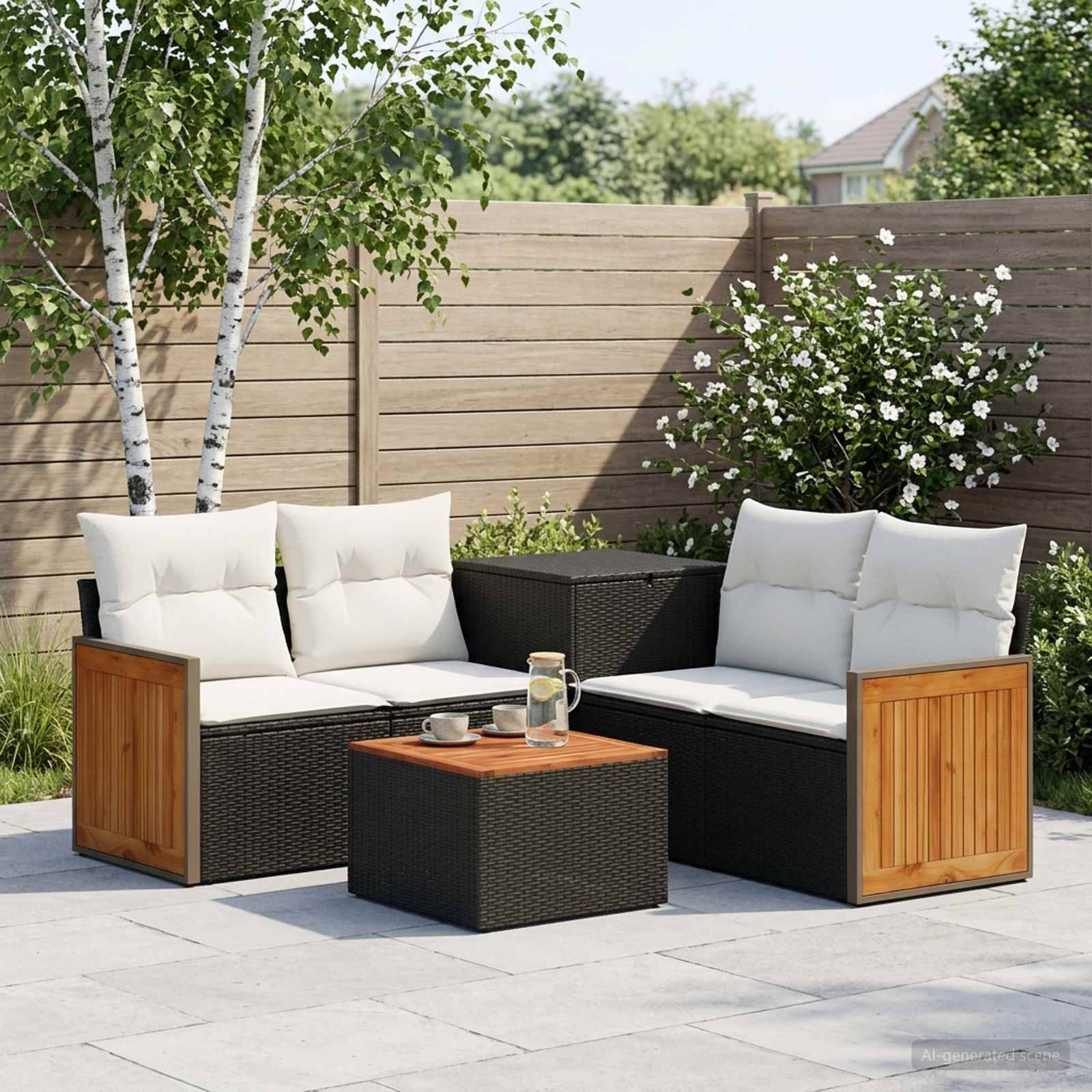 Außenbereich-Sitzmöbel mit zwei Korbsofas, weißen Kissen und einem kleinen passenden Couchtisch in einem gestalteten Garten.