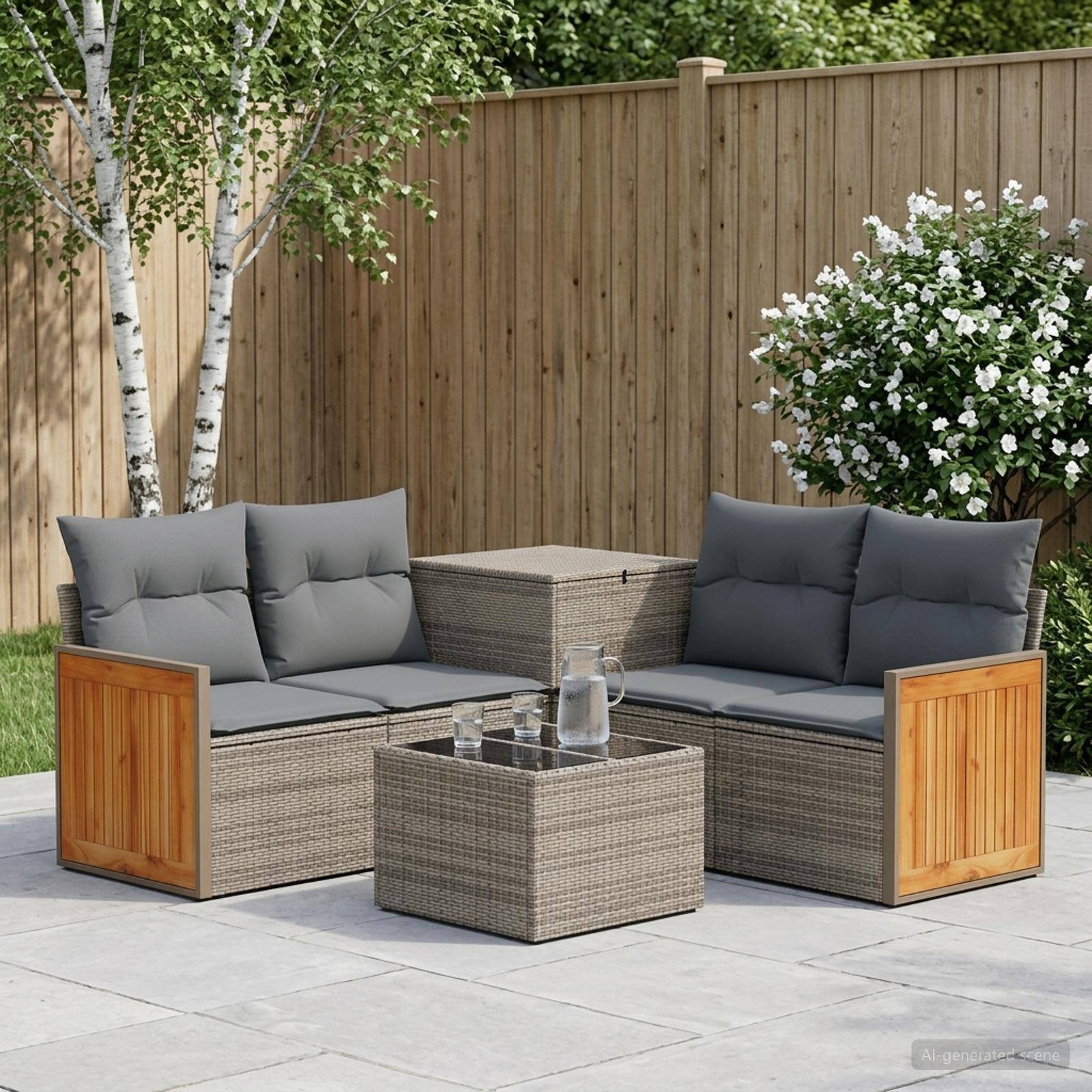Sitzgarnitur für die Terrasse im Freien mit grauen Kissen und rattanstil-Sofas um einen passenden Couchtisch, aufgestellt auf einem gepflasterten Hof neben einem Holzzaun und blühenden Sträuchern.