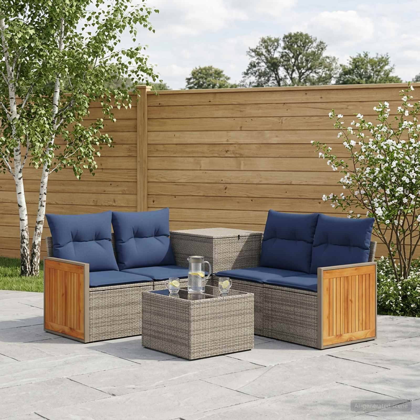 Outdoor-Terrassensitzgarnitur mit zwei blaugepolsterten Korbliebessitzen, zwei passenden Tischen und einem Holz-Sichtschutzzaun in einer Gartenanlage.