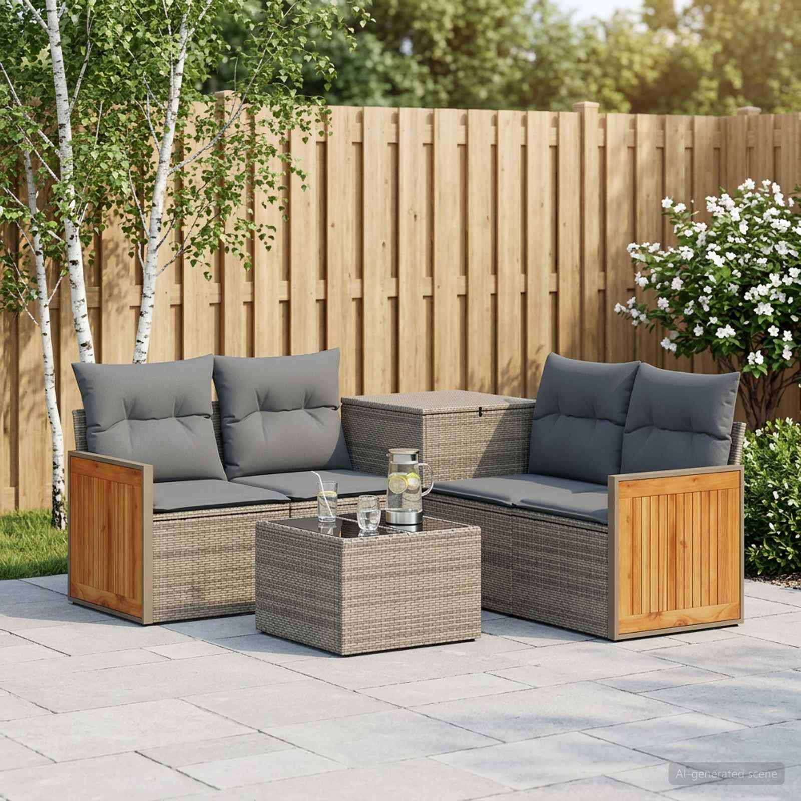 Gartenmöbelset für die Terrasse mit zwei grauen Rattansofas, einem passenden Tisch und einem Holzzaun in einer Gartenanlage.