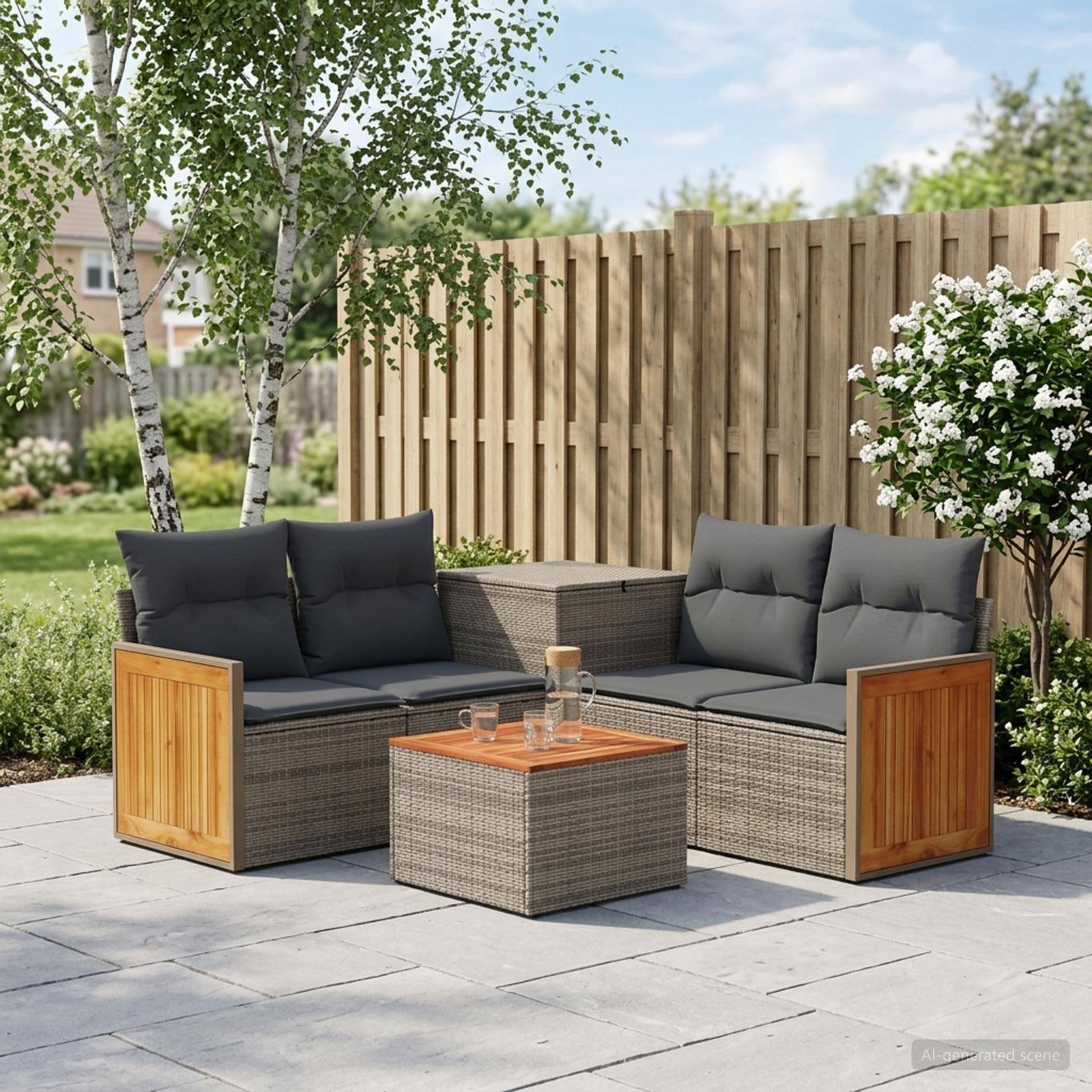 Outdoor-Terrassenmöbel-Set mit grauem gepolstertem Ecksofa und passendem Couchtisch auf Steinplatten, neben einem Holzzaun und einem blühenden Strauch.
