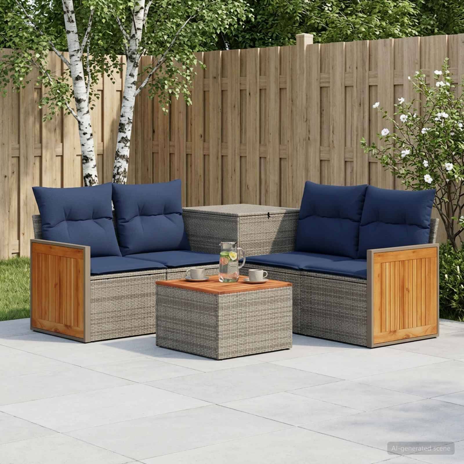 Gartenmöbel-Set für die Terrasse mit zwei grauen Korbliebessitzen, blauen Kissen und passendem Couchtisch auf einer gekachelten Terrasse neben einem Holzzaun.