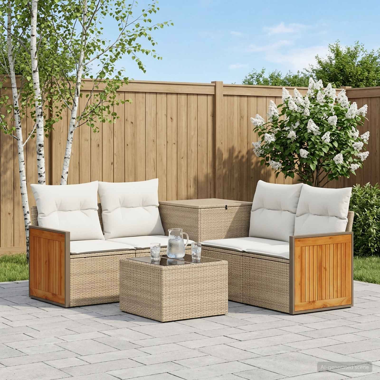 Sitzgarnitur für die Terrasse im Freien mit zwei gepolsterten Korbstühlen, einem passenden Fußhocker und einem Tisch mit Glasplatte neben einem Holzzaun und blühenden Sträuchern.