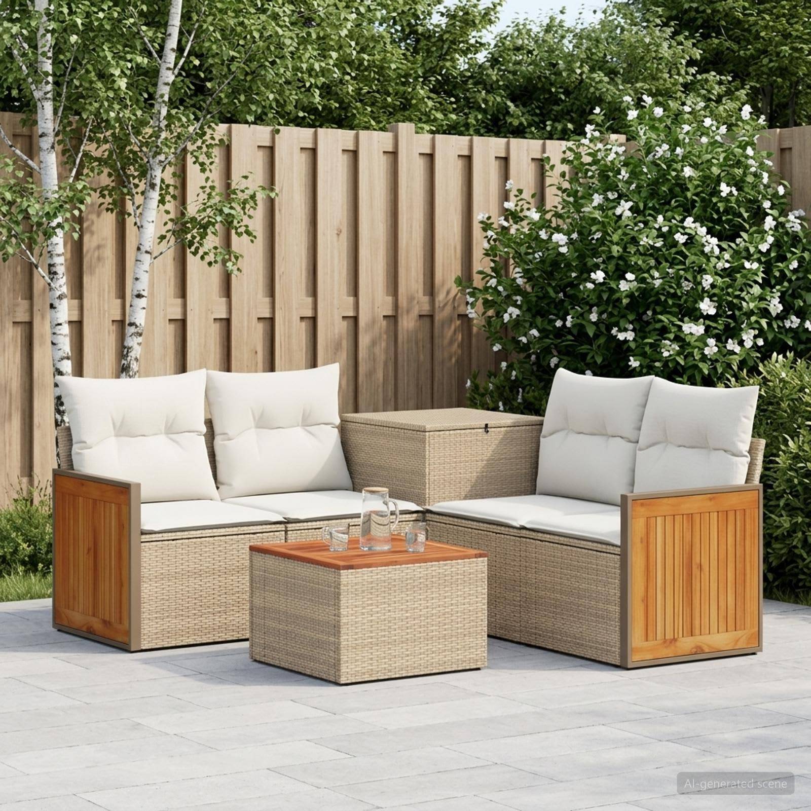 Outdoor-Sitzmöbel-Set für die Terrasse mit zwei Korbflecht-Zweisitzern, cremefarbenen Kissen und einem passenden Couchtisch auf einer gepflasterten Terrasse neben einem Holzzaun und Grünflächen.