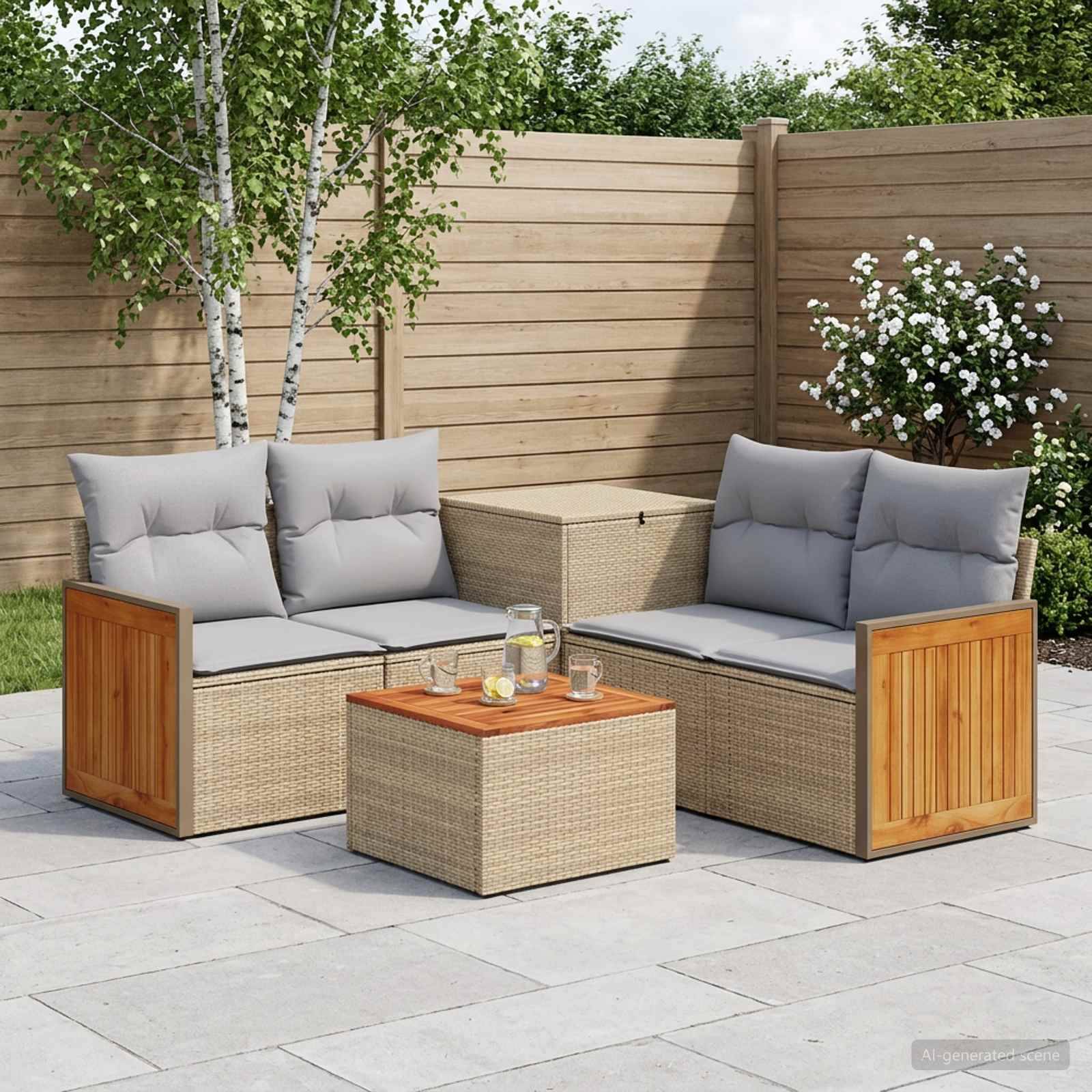 Outdoor-Terrassensitzgarnitur mit zwei graugepolsterten Flechtsofsofas, einem passenden Stauraum-Beistelltisch und einem kleinen Couchtisch auf Steinpflaster neben einem Holzzaun und Pflanzen.