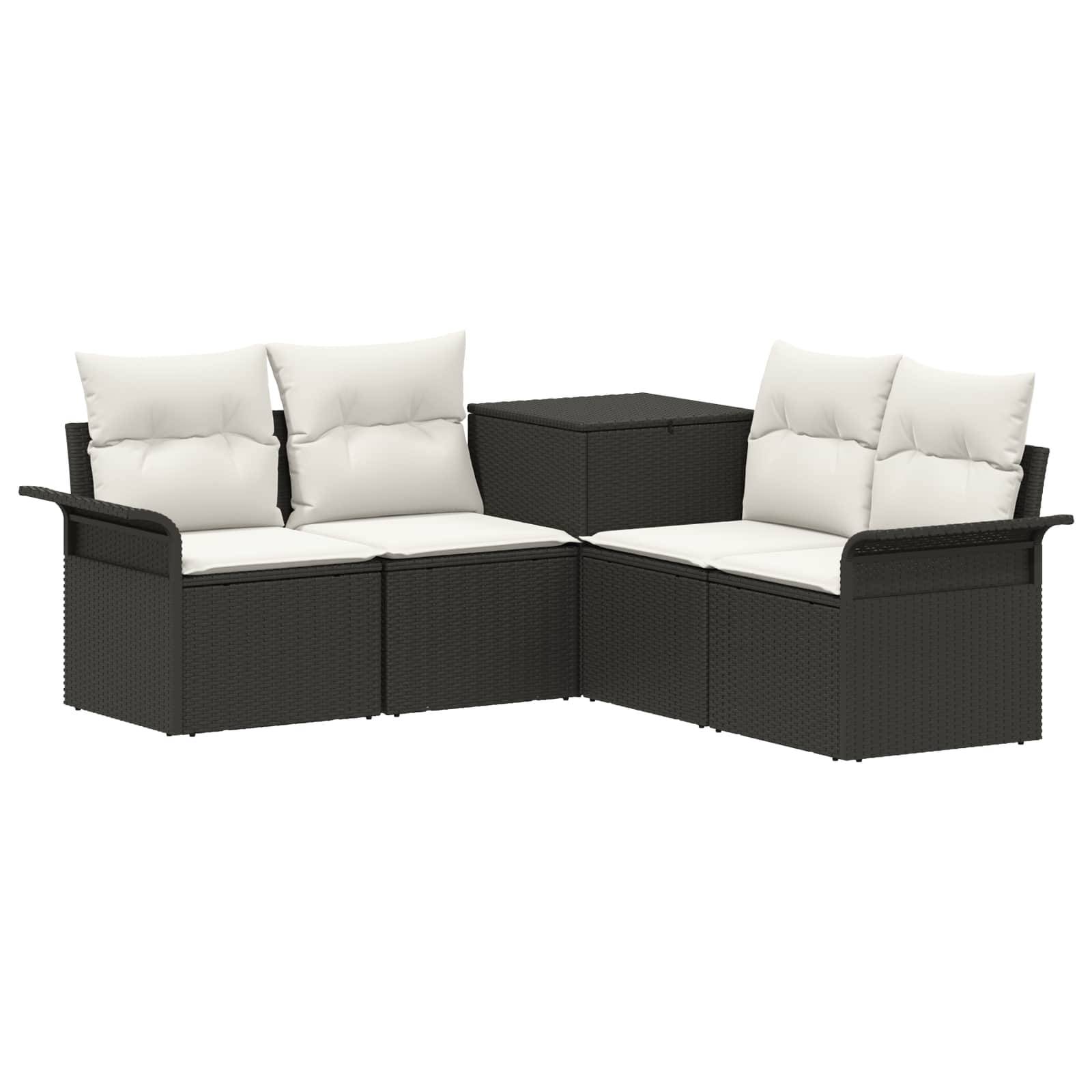 Outdoor-Lounge-Sitzgarnitur mit schwarzem Rattangestell, weißen Polstern und passendem Ecktisch