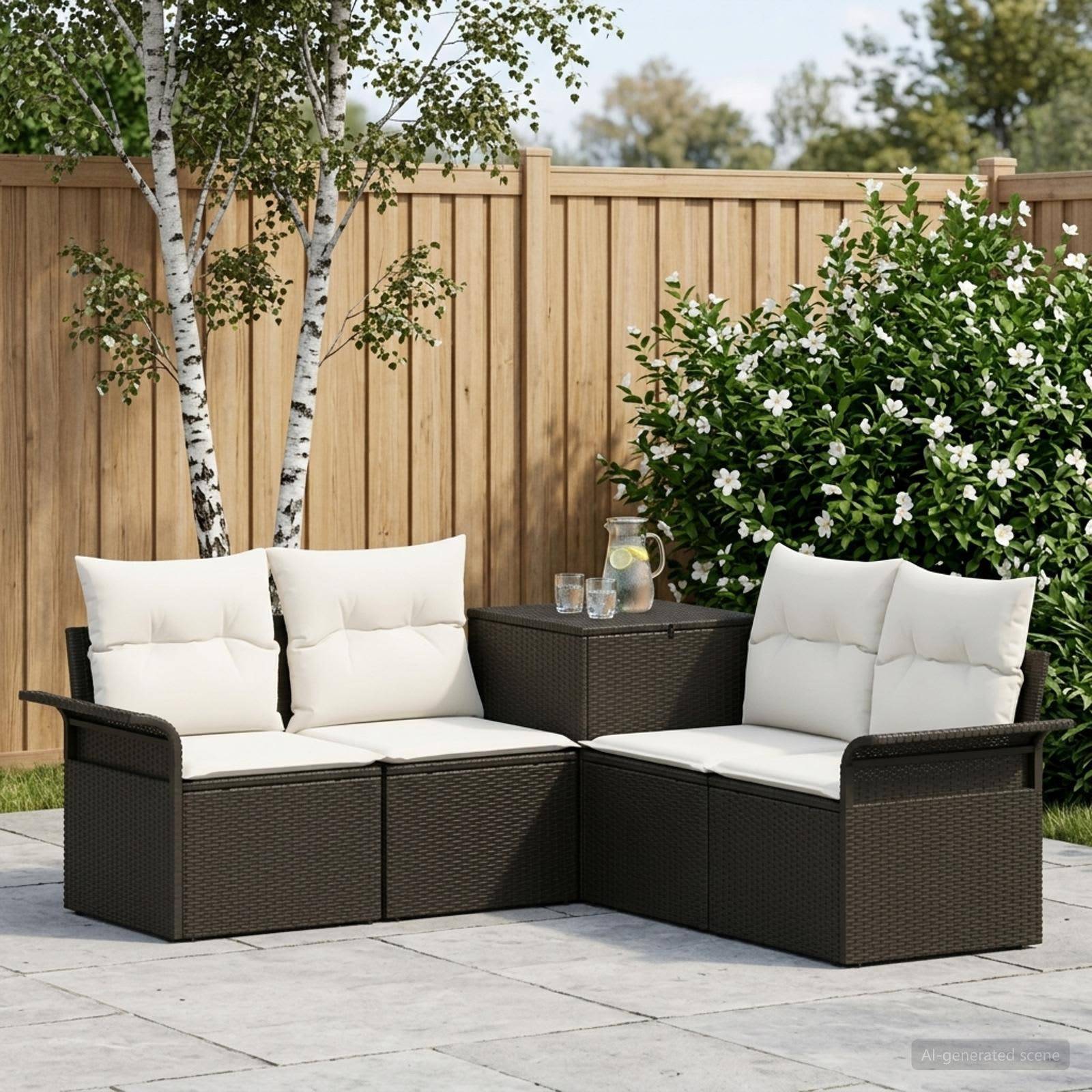 Gartenplatz-Sitzmöbelset mit dunklem Rattansessel und Stuhl, weißen Kissen und einem kleinen Tisch neben einem Holzzaun und blühendem Strauch.