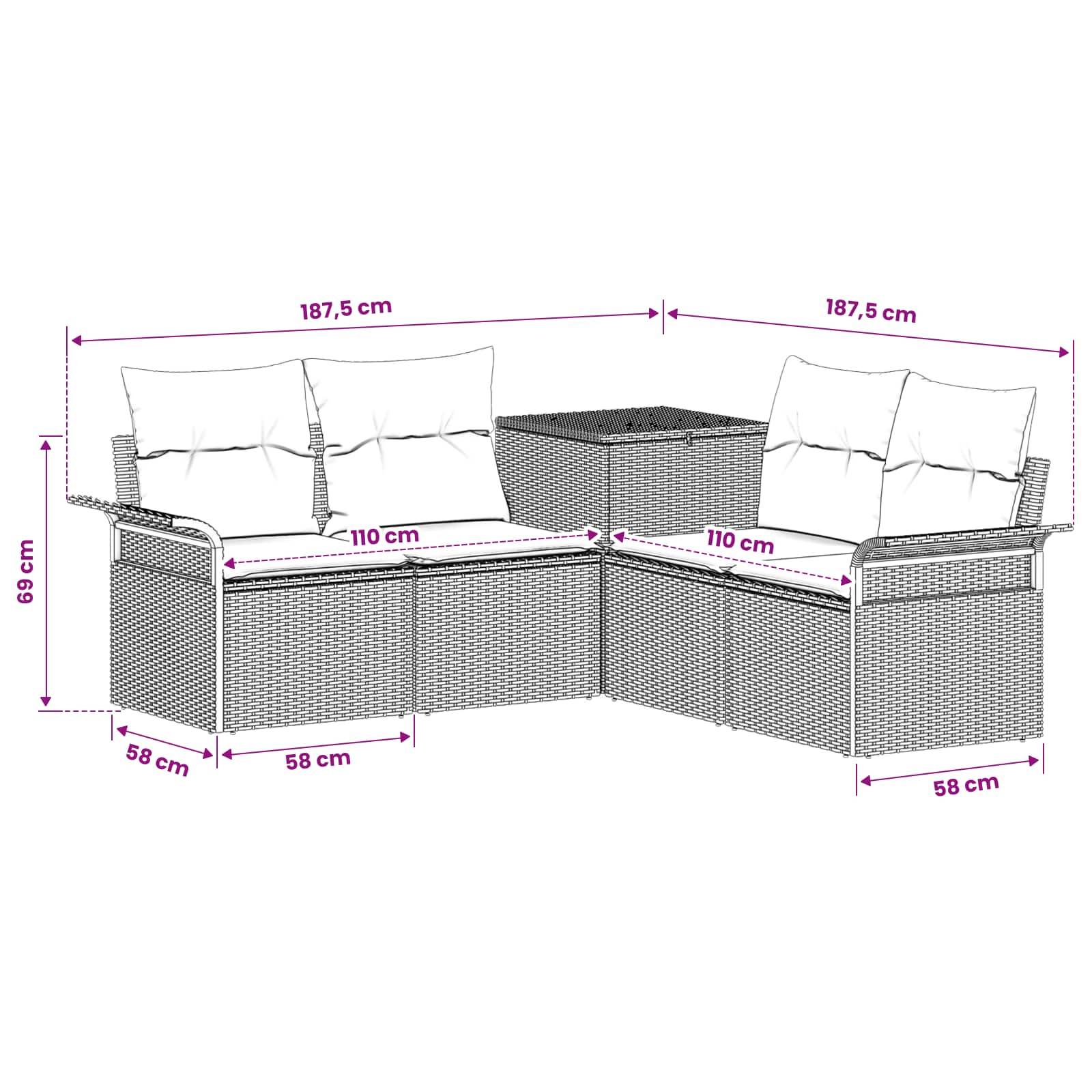 Dimensioniertes Diagramm eines Eck-Außensofas mit zwei 187,5 cm Abschnitten, 110 cm Sitzbreiten, 69 cm Höhe und 58 cm Tiefe.