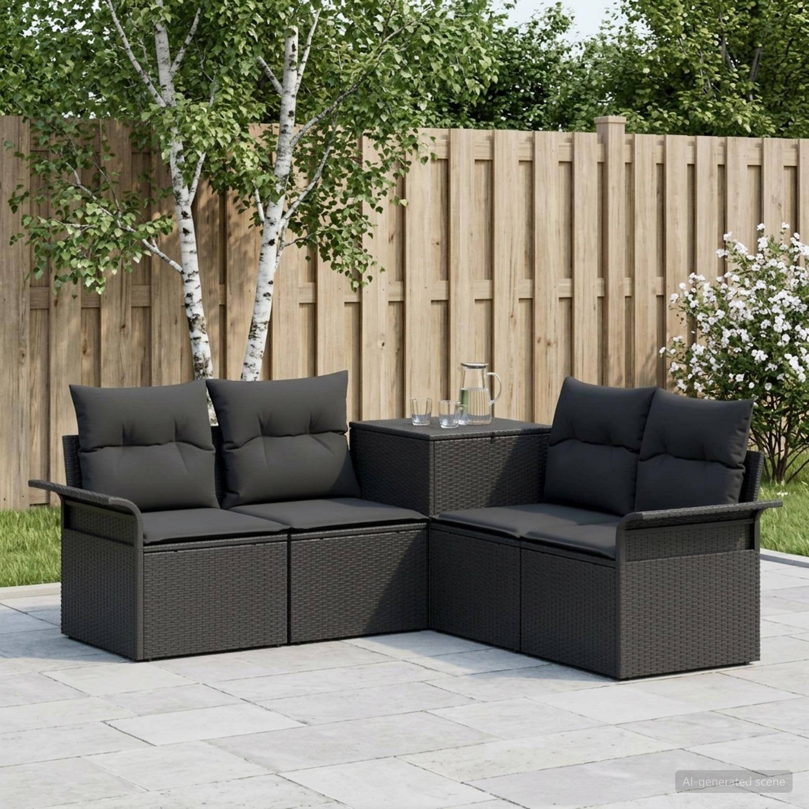 Outdoor schwarzes Rattan-Lounge-Set mit Eckteich und Kissen auf einer gepflasterten Terrasse, mit Holzzaun und Bäumen im Hintergrund.