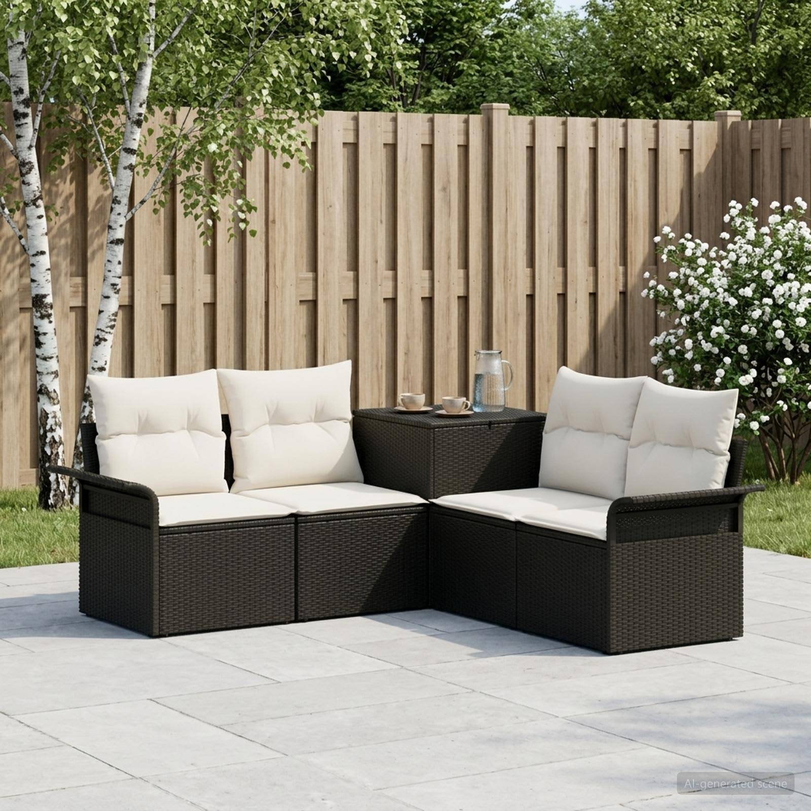 Sitzmöbel für die Terrasse mit zwei schwarzen Rattan-Zweisitzern und cremefarbenen Kissen um einen kleinen Beistelltisch, neben einem Holzzaun und Gartenpflanzen.