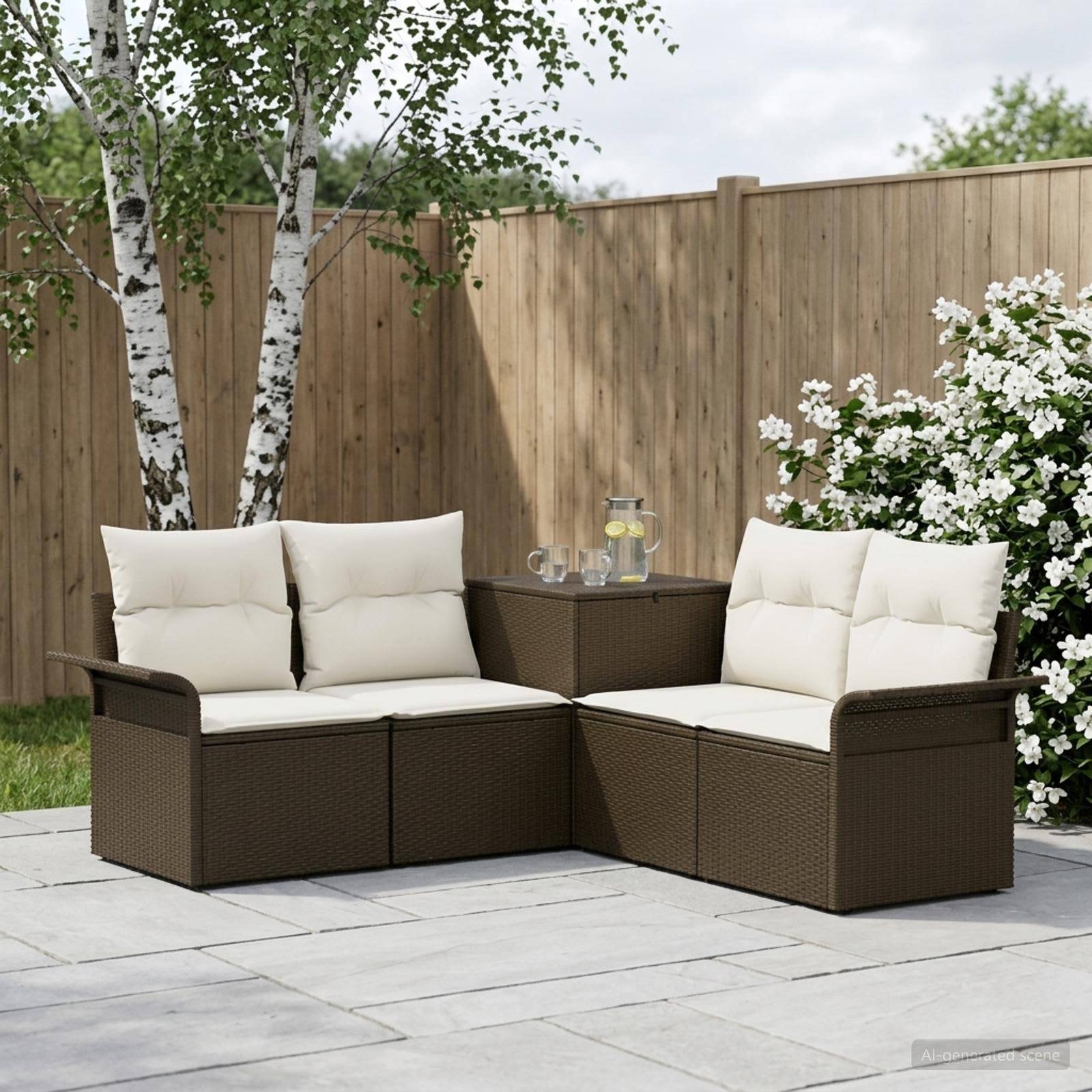 Gartenmöbel-Set für die Terrasse mit zwei braunen Rattansofas, cremefarbenen Kissen und einem kleinen passenden Tisch auf einer Steinterrasse neben einem Holzzaun und blühenden Sträuchern.