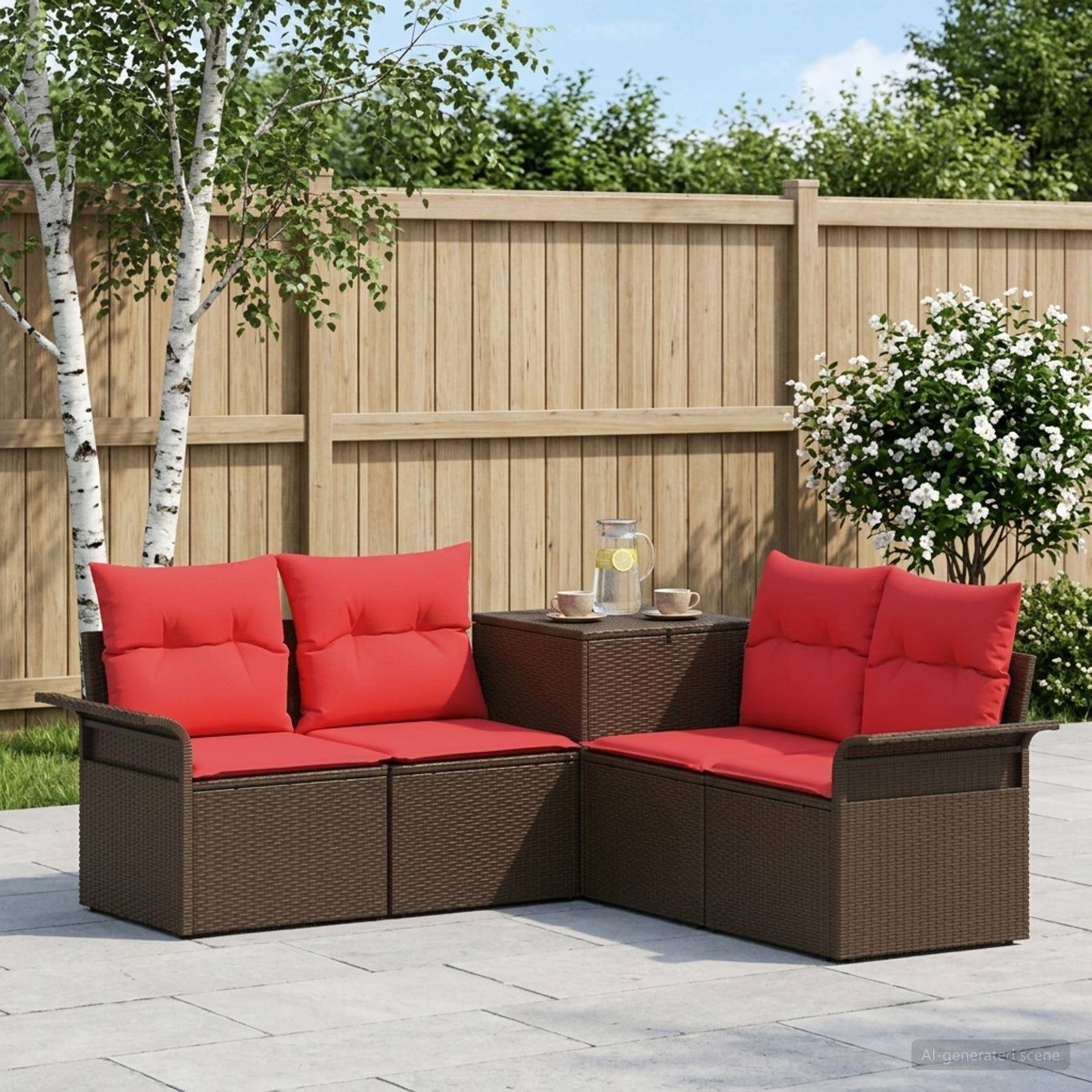 Sitzgarnitur für die Terrasse im Freien mit zwei braunen Korbliebessitzen und roten Kissen um einen kleinen Tisch in einem eingezäunten Garten.