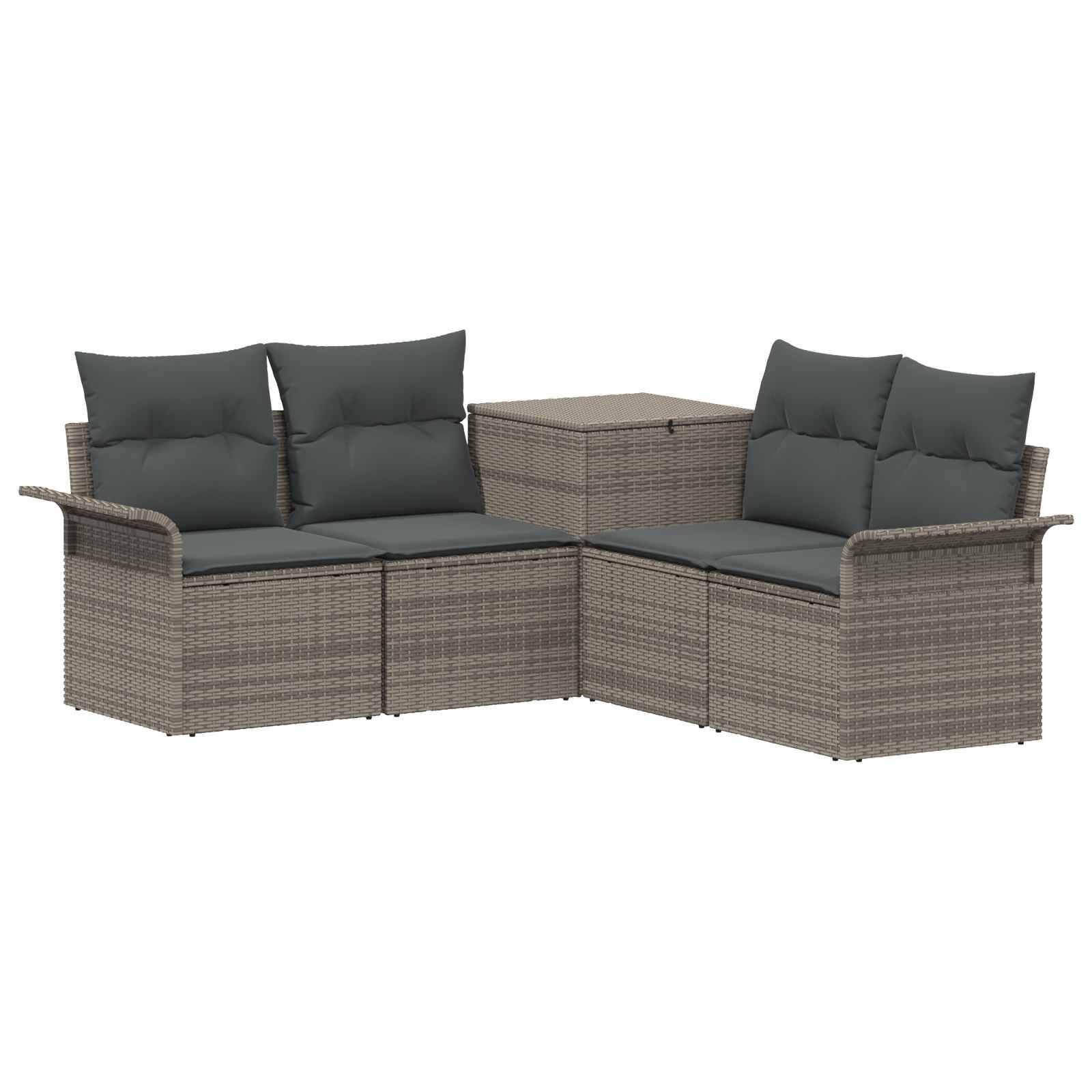 L-förmiges Outdoor-Patio-Ecksofa-Set mit zwei gepolsterten Zweisitzern und passendem quadratischem Rattan-Beistelltisch in graubraun gewebtem Rattan und dunklen Kissen