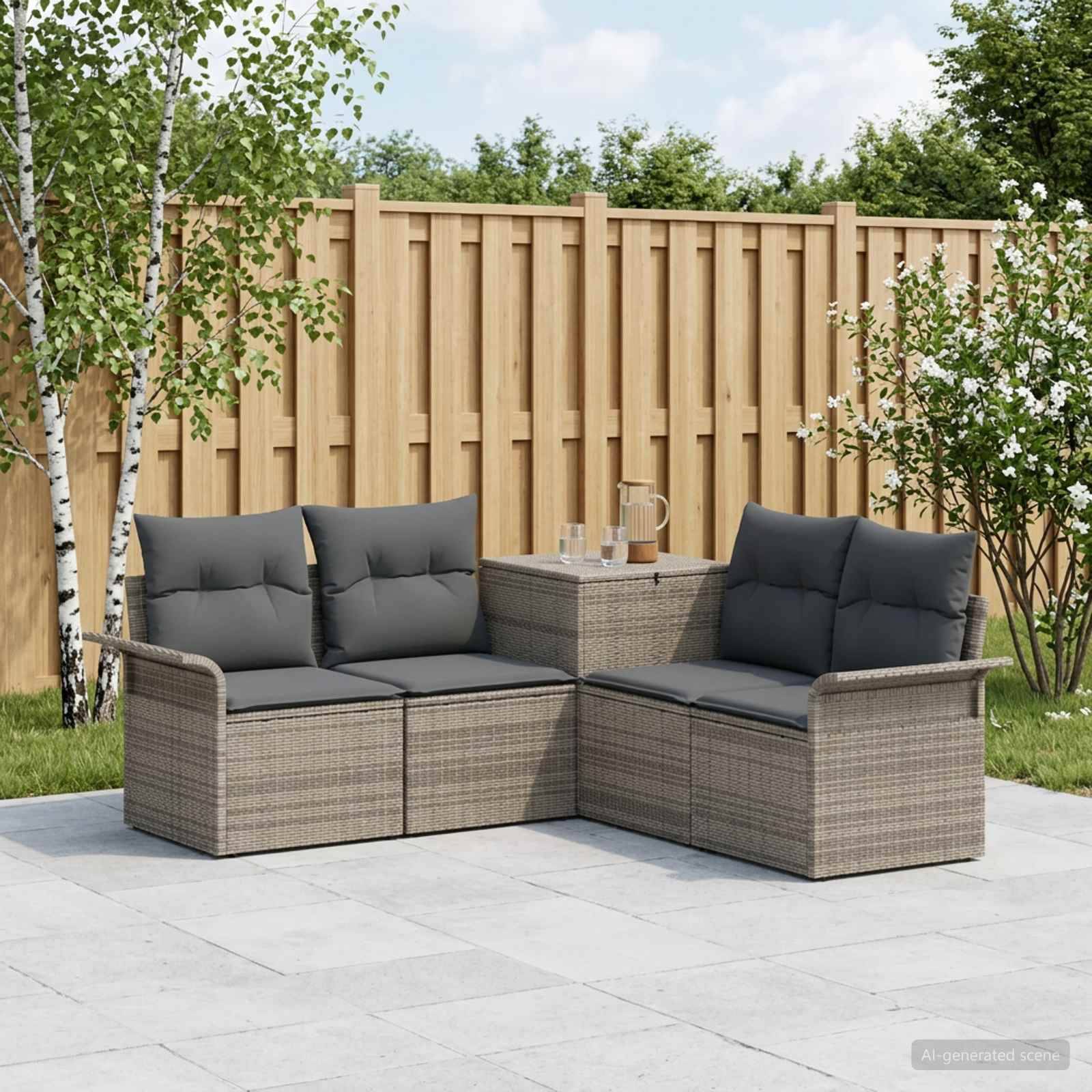 Gartensitzplatz im Freien mit zwei Korbsofas, grauen Kissen und einem kleinen Tisch in einem eingezäunten Garten.