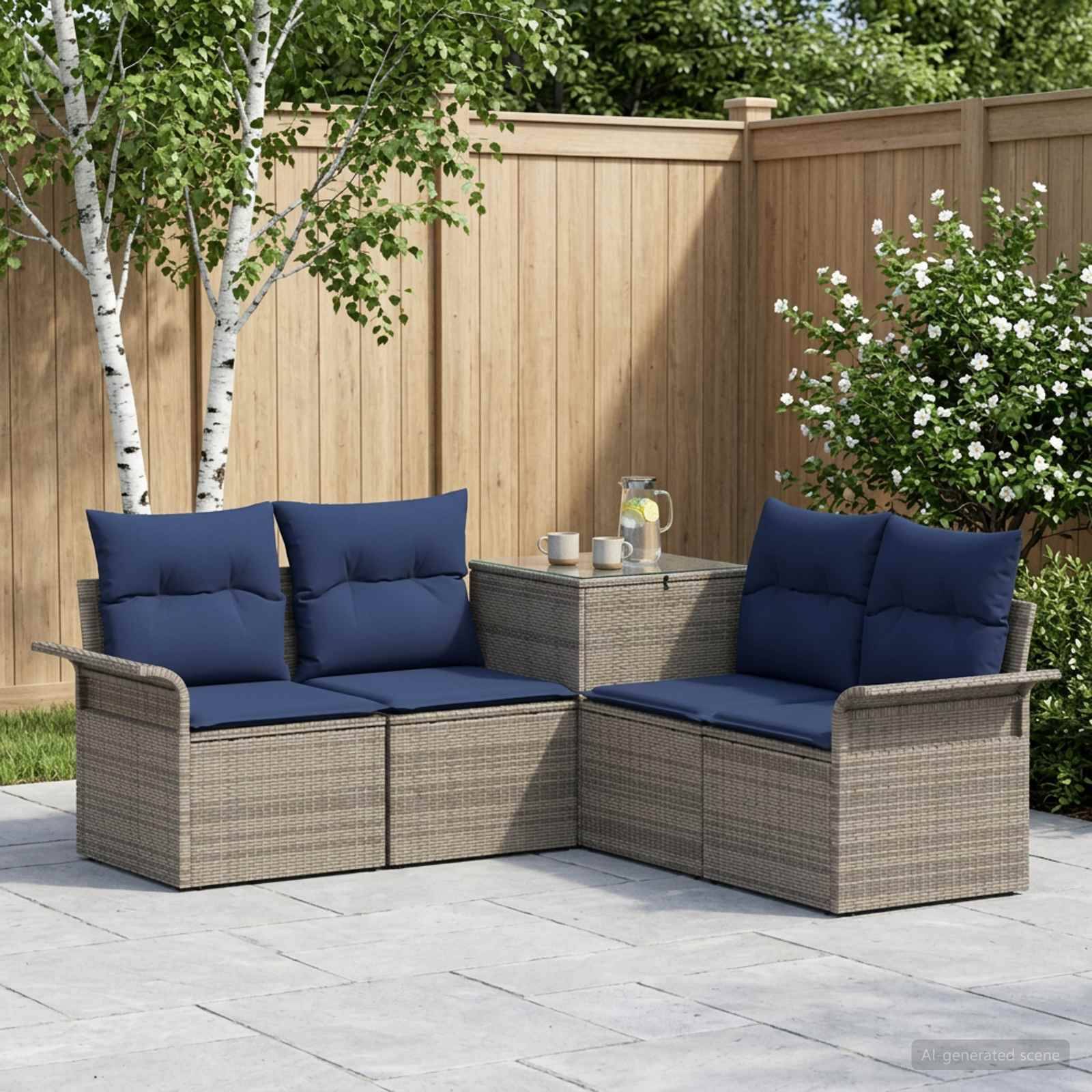 Outdoor-Rattangarnitur für die Terrasse mit Marine-Kissen und einem kleinen Tisch, arrangiert auf einer Steinterrasse in einem umzäunten Garten.