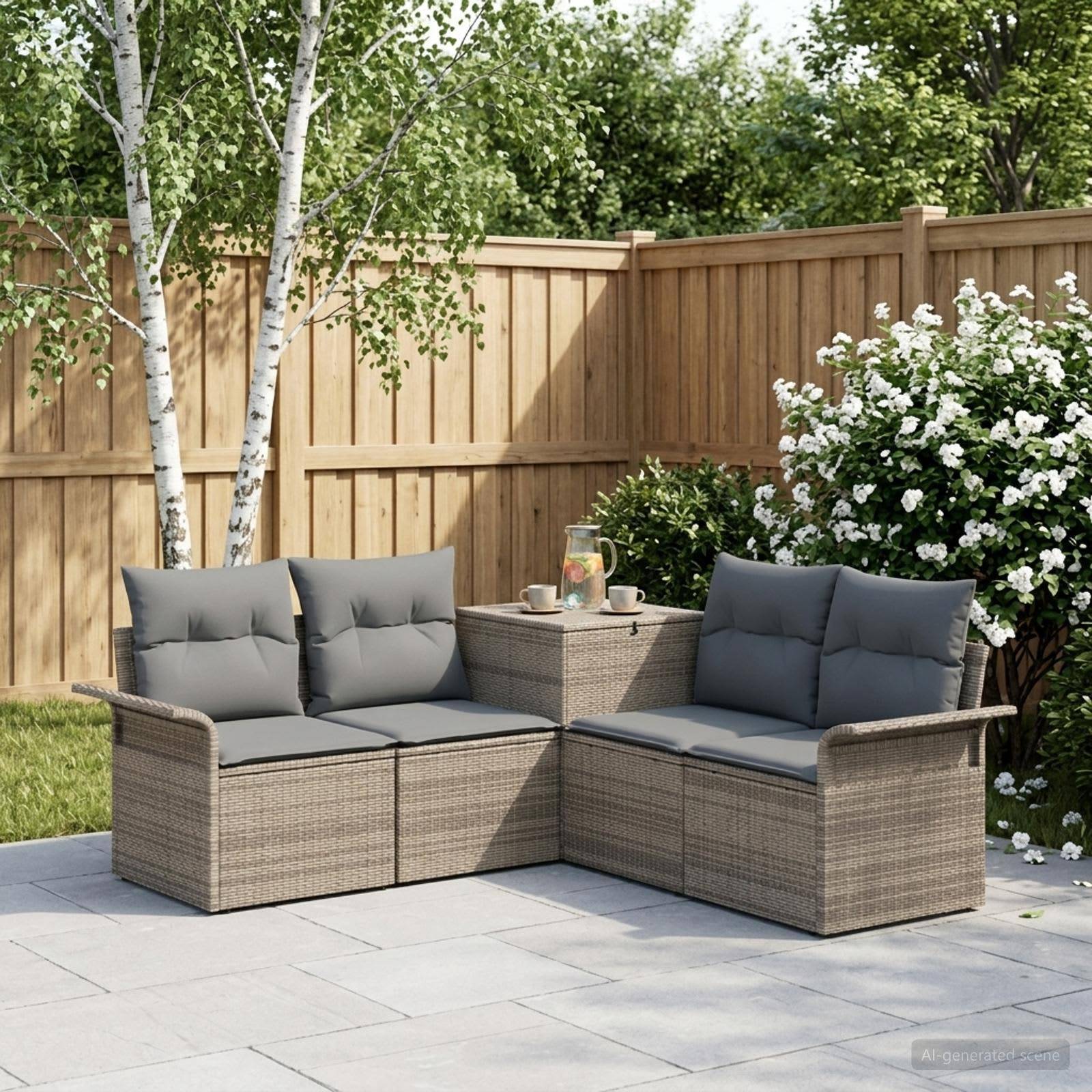 Outdoor-Terrassenmöbelset mit grauem Polsterwicker-Liegestuhl und Sessel, einem kleinen Beistelltisch, Holzzaun und blühenden Sträuchern in einem Hinterhofgarten.