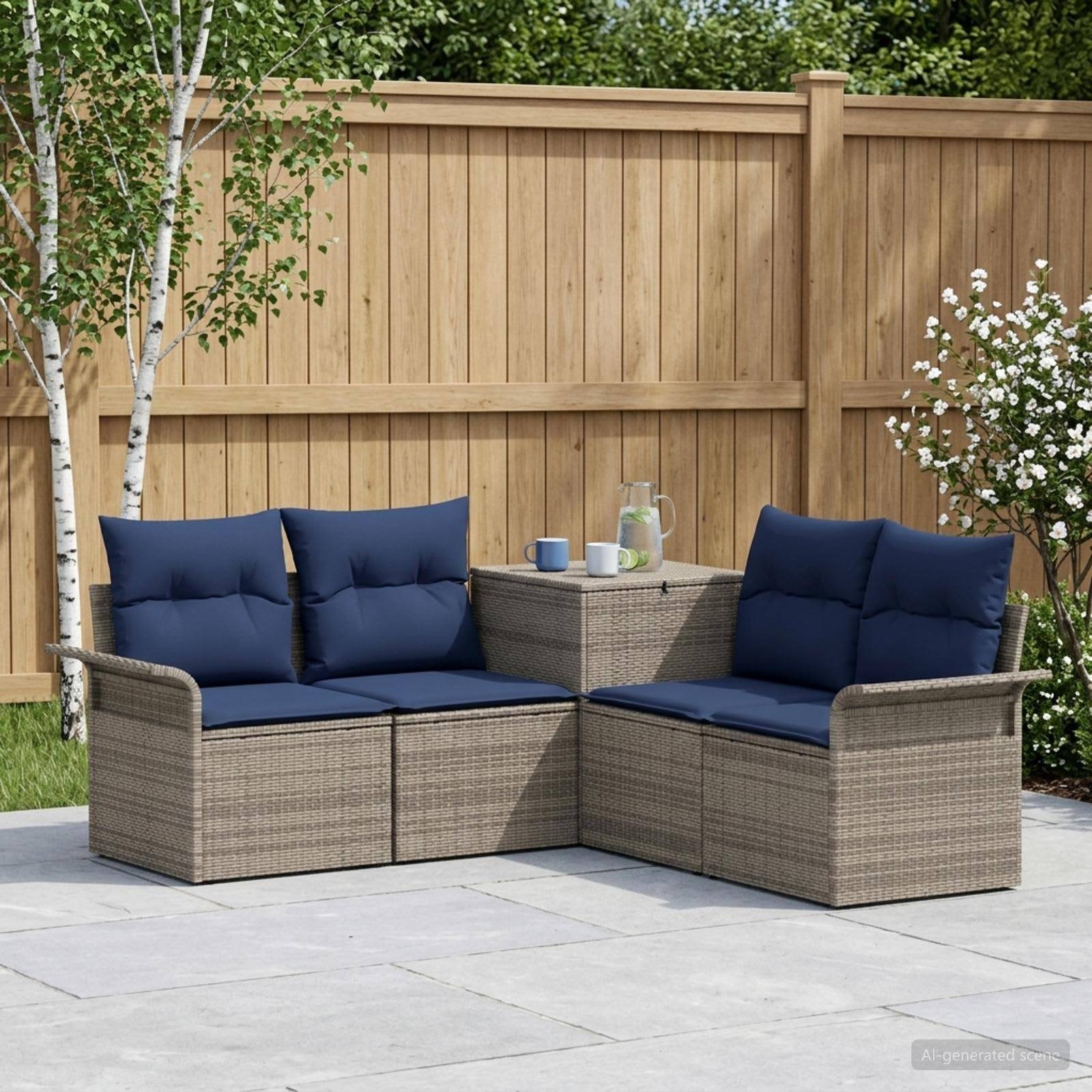 Outdoor-Loungeset mit Beige-Rattanrahmen, marineblauen Kissen und einem passenden kleinen Tisch auf einer gekachelten Terrasse neben einem Holzzaun.
