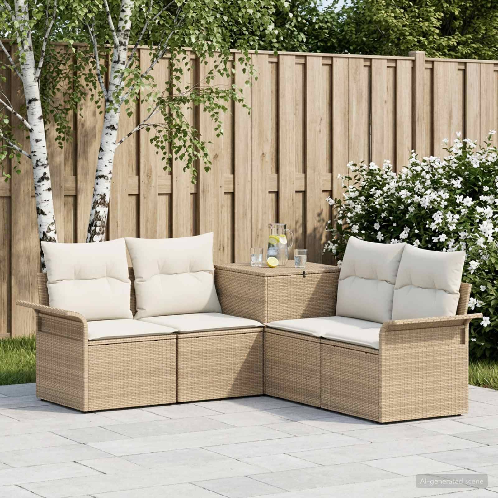 Outdoor-Polyrattan-Gartenmöbel-Set mit zwei gepolsterten Stühlen und einem kleinen Tisch in einem Garten neben einem Holzzaun und blühenden Büschen.