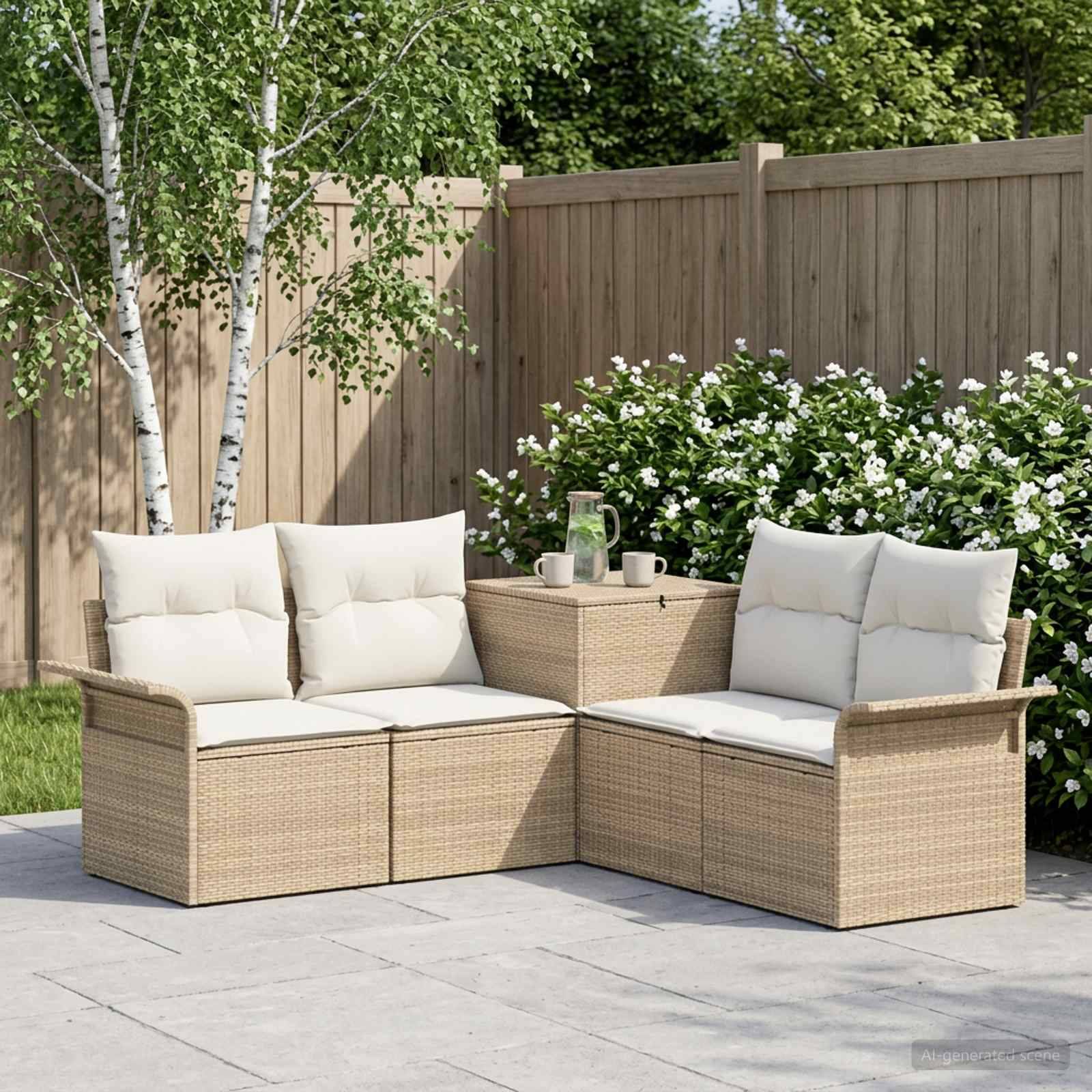 Outdoor-Terrassenmöbelset mit zwei Korbgeflecht-Liebesitz-Elementen und einem kleinen Tisch, jedes mit weißen Kissen ausgestattet, auf einer Steinterrasse neben einem Holzzaun und blühenden Sträuchern angeordnet.
