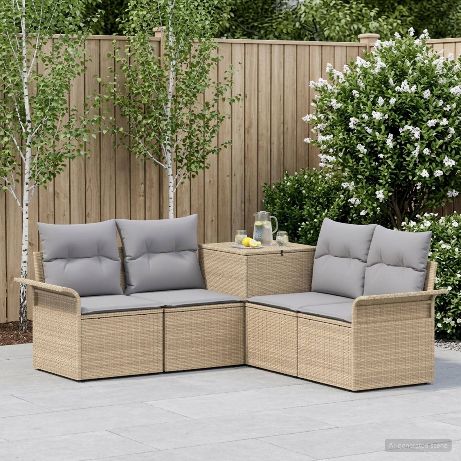 Außen-Terrassensektionalsofa-Set aus beigem Rattan mit grauen Kissen und einem passenden Beistelltisch neben einem Holzzaun und Grünflächen.