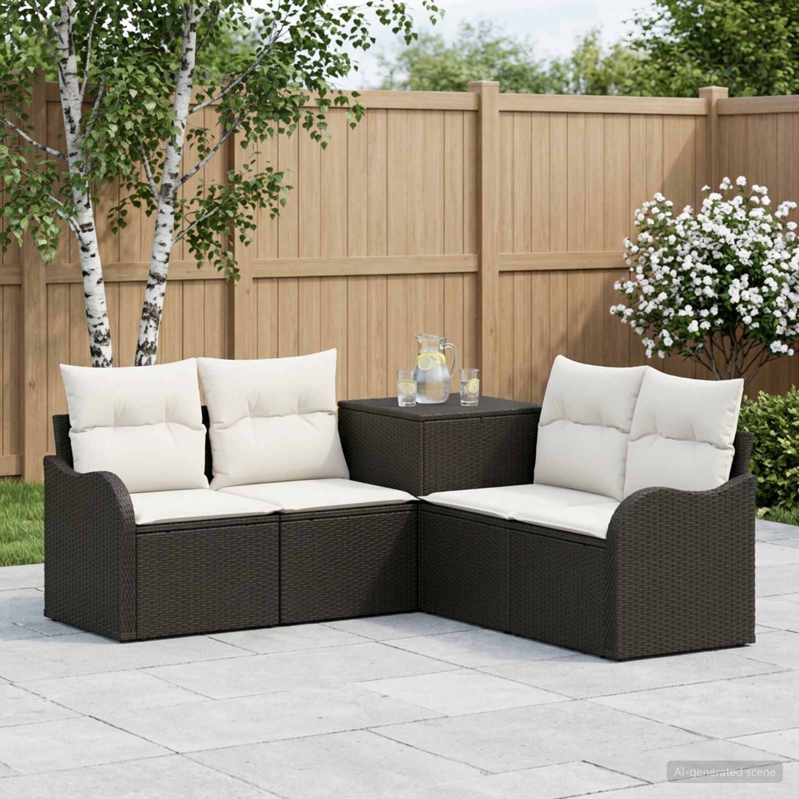 Outdoor-Sitzmöbel-Set mit zwei dunkelbraunen Korbliebessesseln, cremefarbenen Kissen und einem kleinen quadratischen Beistelltisch auf einer Steinterrasse neben einem Holzzaun und Bäumen.