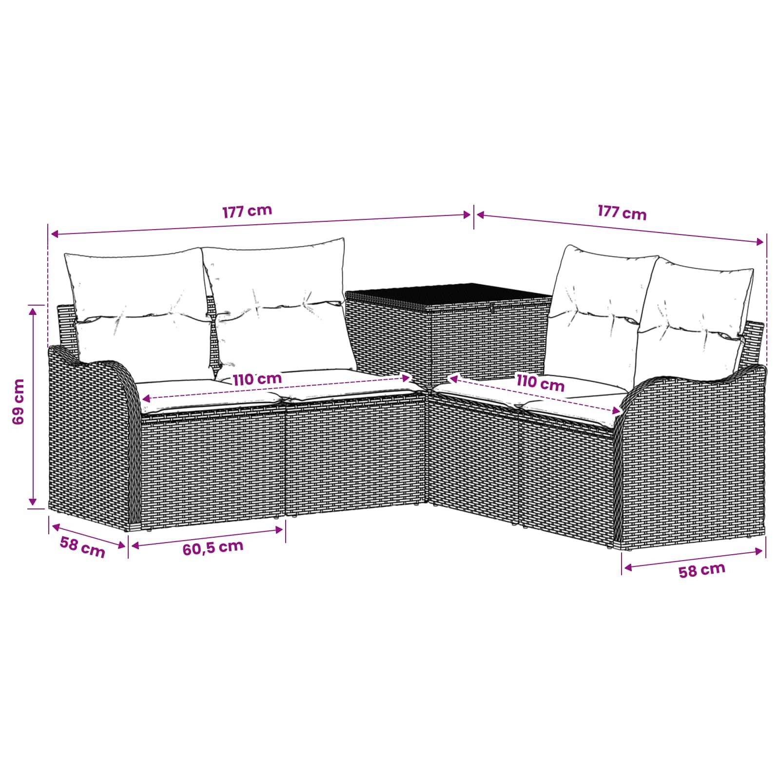L-förmiges Korbgeflecht-Gartenmöbelset mit Eckentisch und Kissen, dargestellt mit Abmessungen: 177 cm Abschnitte, 110 cm Sitzbriete, 69 cm Höhe, 58 cm Tiefe.
