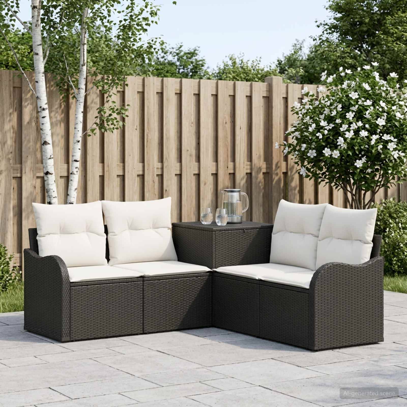 Outdoor-Sektionalsofa aus Polyrattan mit cremefarbenen Kissen und kleinem Tisch auf einer Terrasse, eingebettet in einen Garten mit Holzzaun und Bäumen.