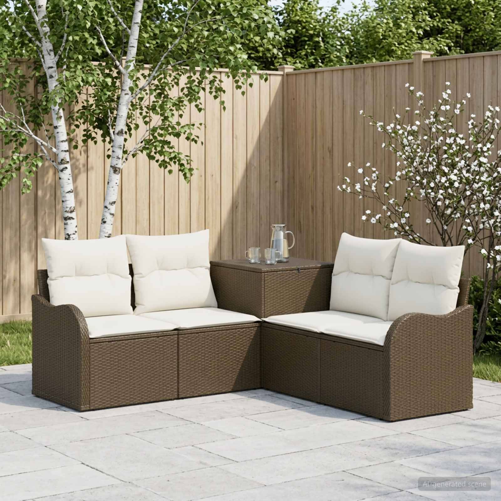 Gartenbestuhlung für die Terrasse mit zwei gepolsterten Rattan-Zweisitzern und einem kleinen Ecktisch, angeordnet auf einer Steinterrasse neben einem Holzzaun und blühenden Bäumen.