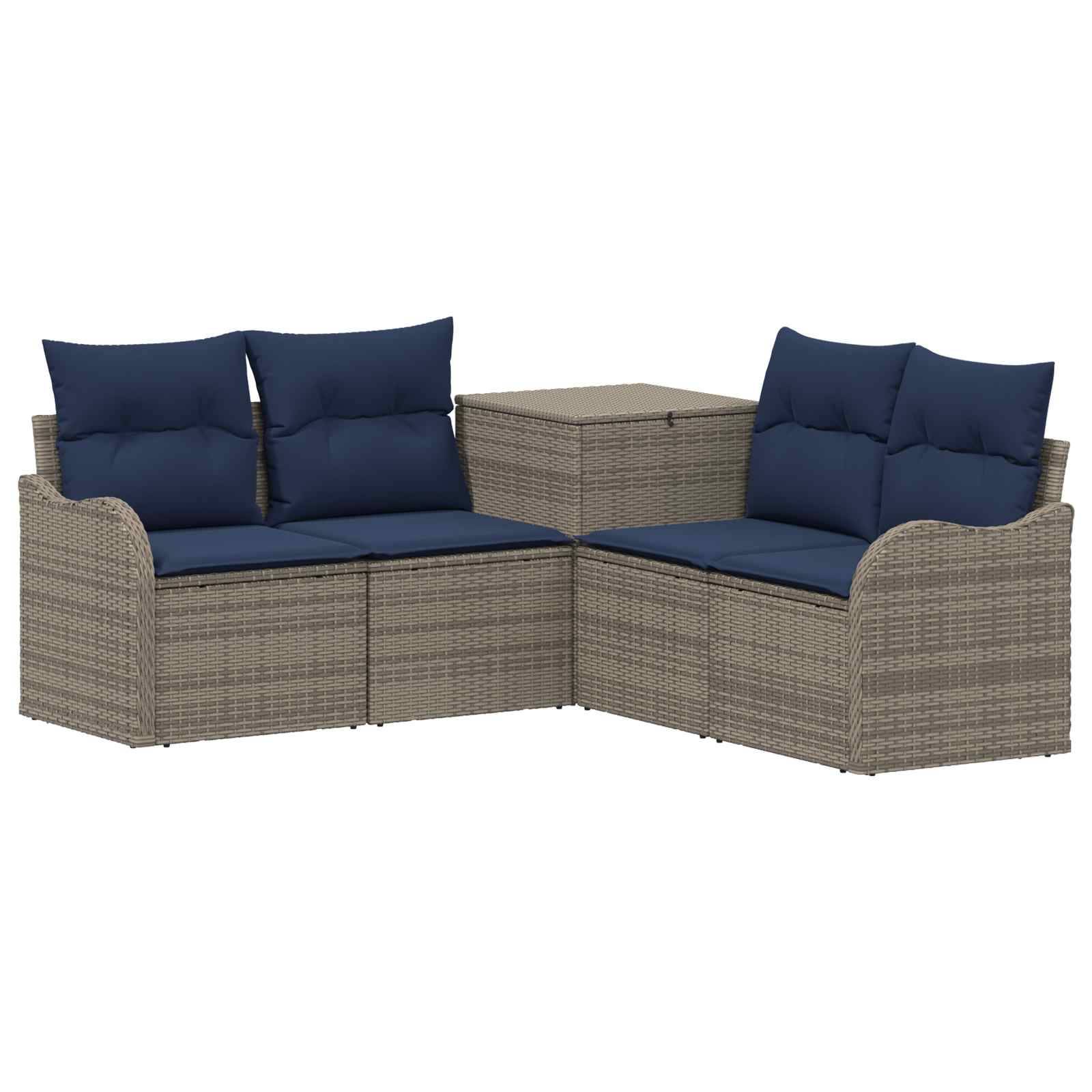 Outdoor-Rattanpolstergruppe im Loungestil mit marineblauen Polstern und passendem quadratischen Stauraum-/Beistelltisch in der Mitte
