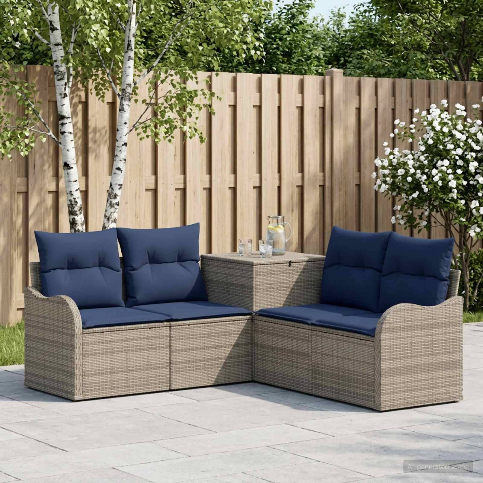 Outdoor-Terrassensektionalsofa mit marineblauen Kissen um einen Korbwebtisch, aufgestellt neben einem Holzzaun und blühenden Pflanzen.