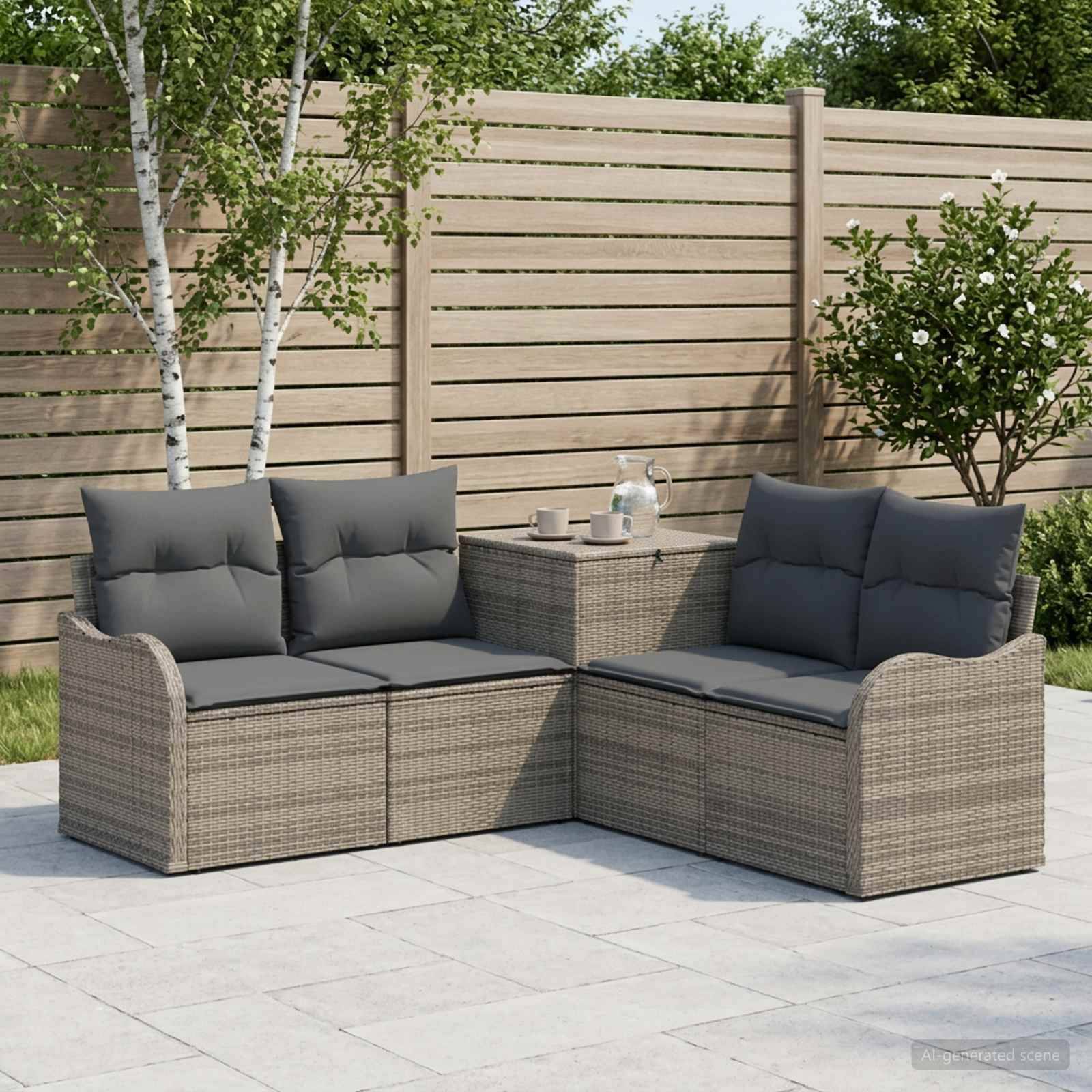 Outdoor-Terrassenmöbelset mit zwei geflochtenen Rattanliebessitzen, grauen Kissen und einem kleinen passenden Beistelltisch vor einem Holzzaun.