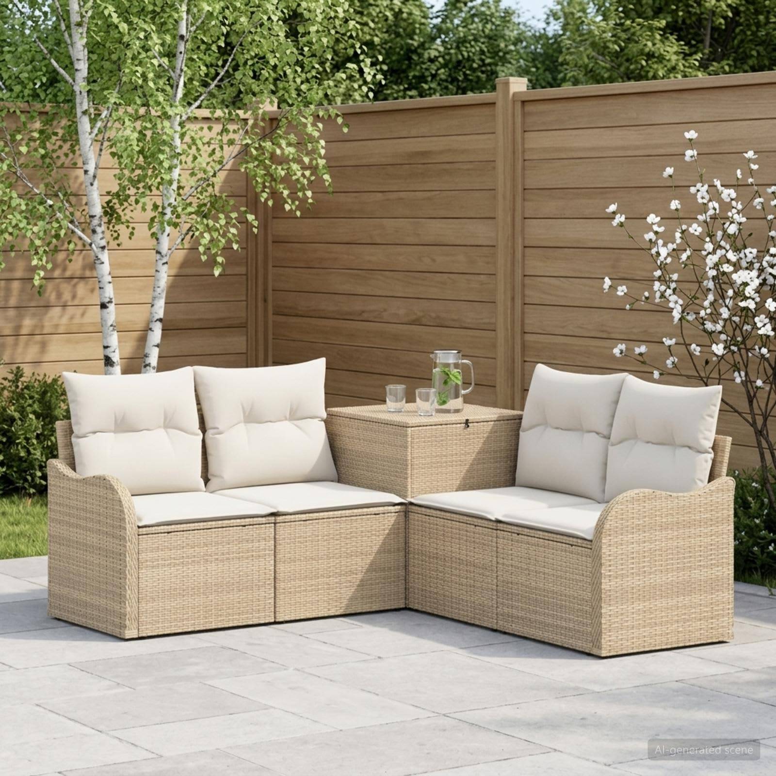 Zwei Korbmöbel-Gartensofas bilden ein L-förmiges Außen-Ecksofa um einen kleinen Tisch auf einer gepflasterten Terrasse, mit weißen Kissen und einer Holzzaun-Kulisse.