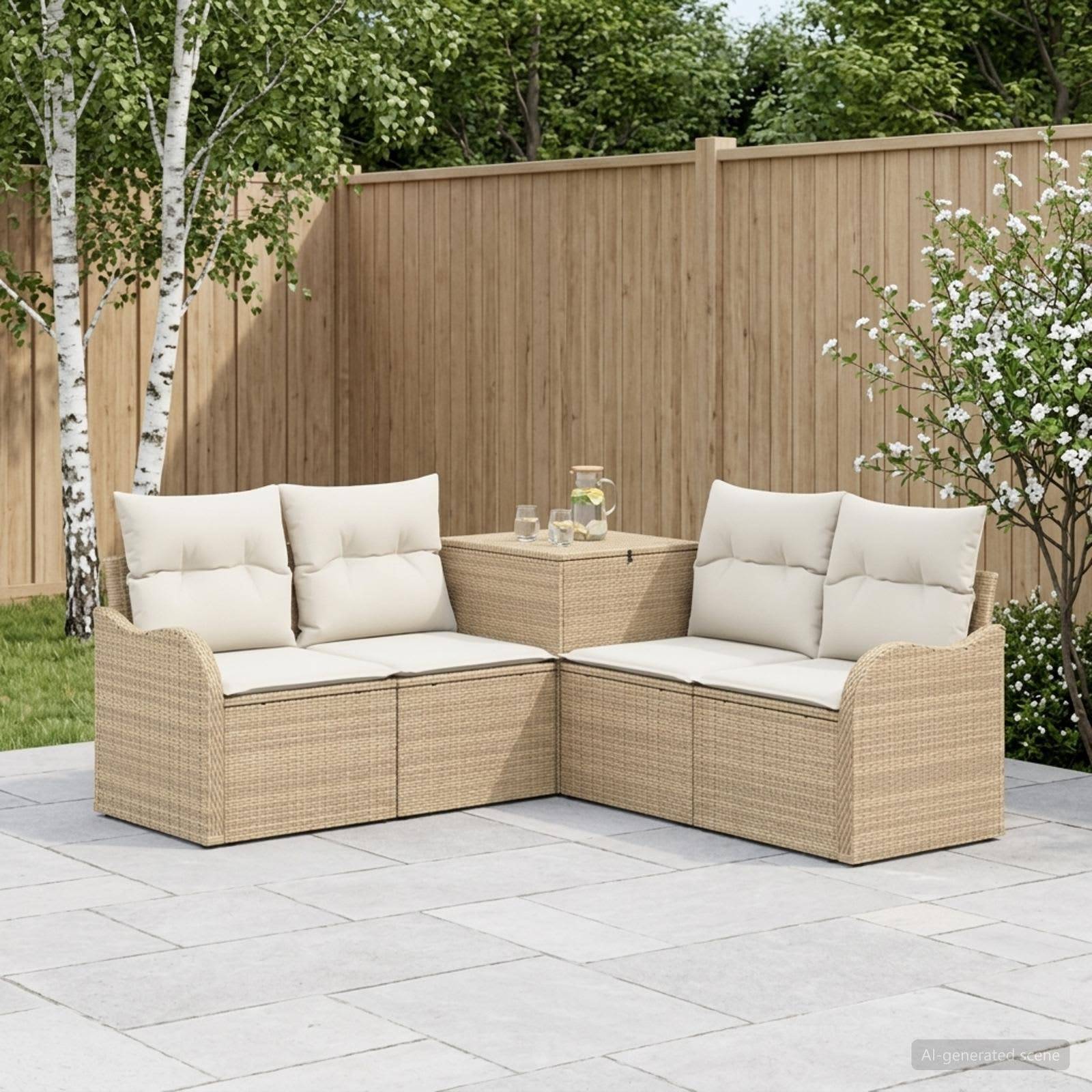 Outdoor-Rattanmöbel-Ecksofa-Set mit cremefarbenen Kissen und einem kleinen Ecktisch auf einer Terrasse vor einem Holzzaun.