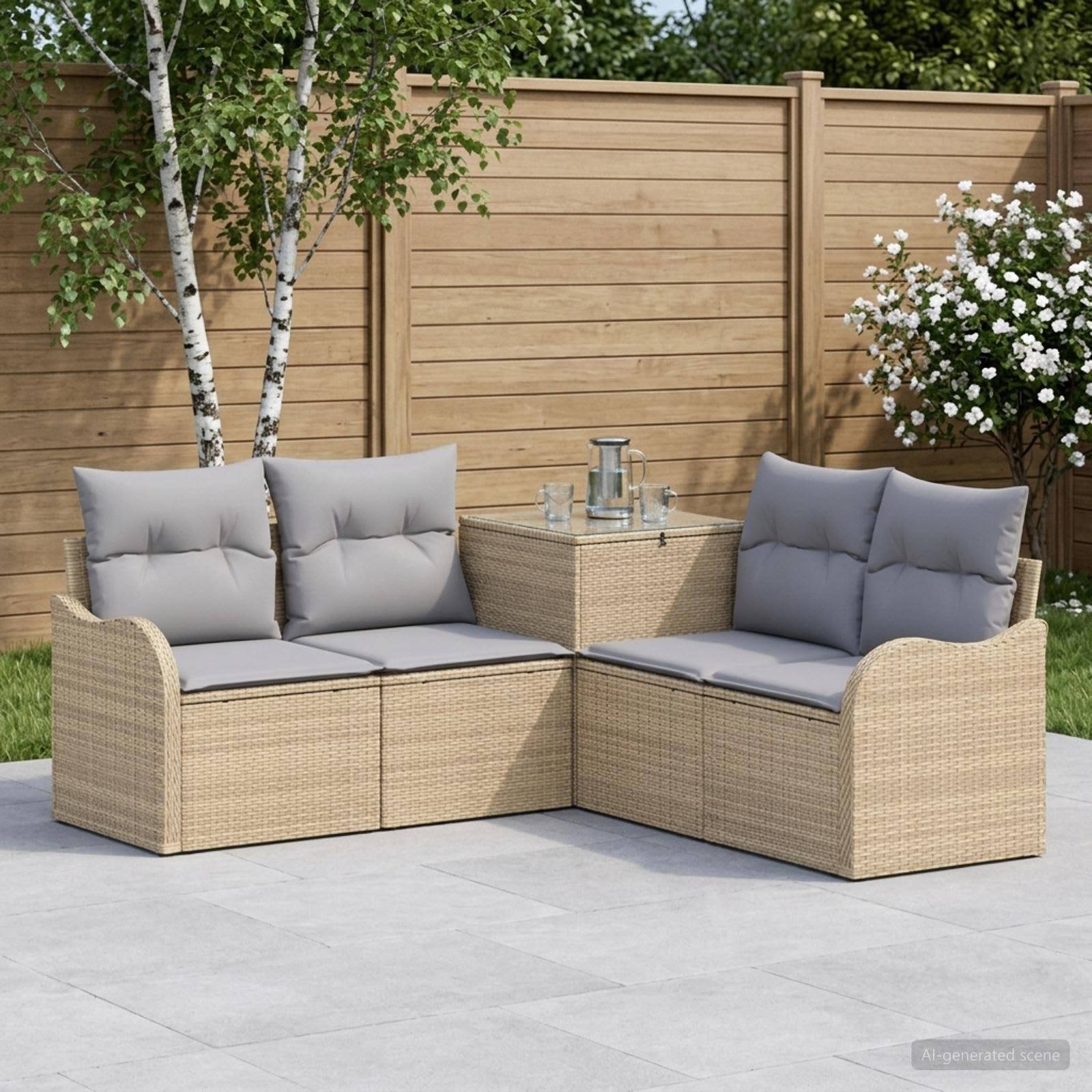 Outdoor-Rattanpolstergruppe mit grauen Kissen und passendem Couchtisch auf einer Steinterrasse neben einem Holzzaun und Bäumen.