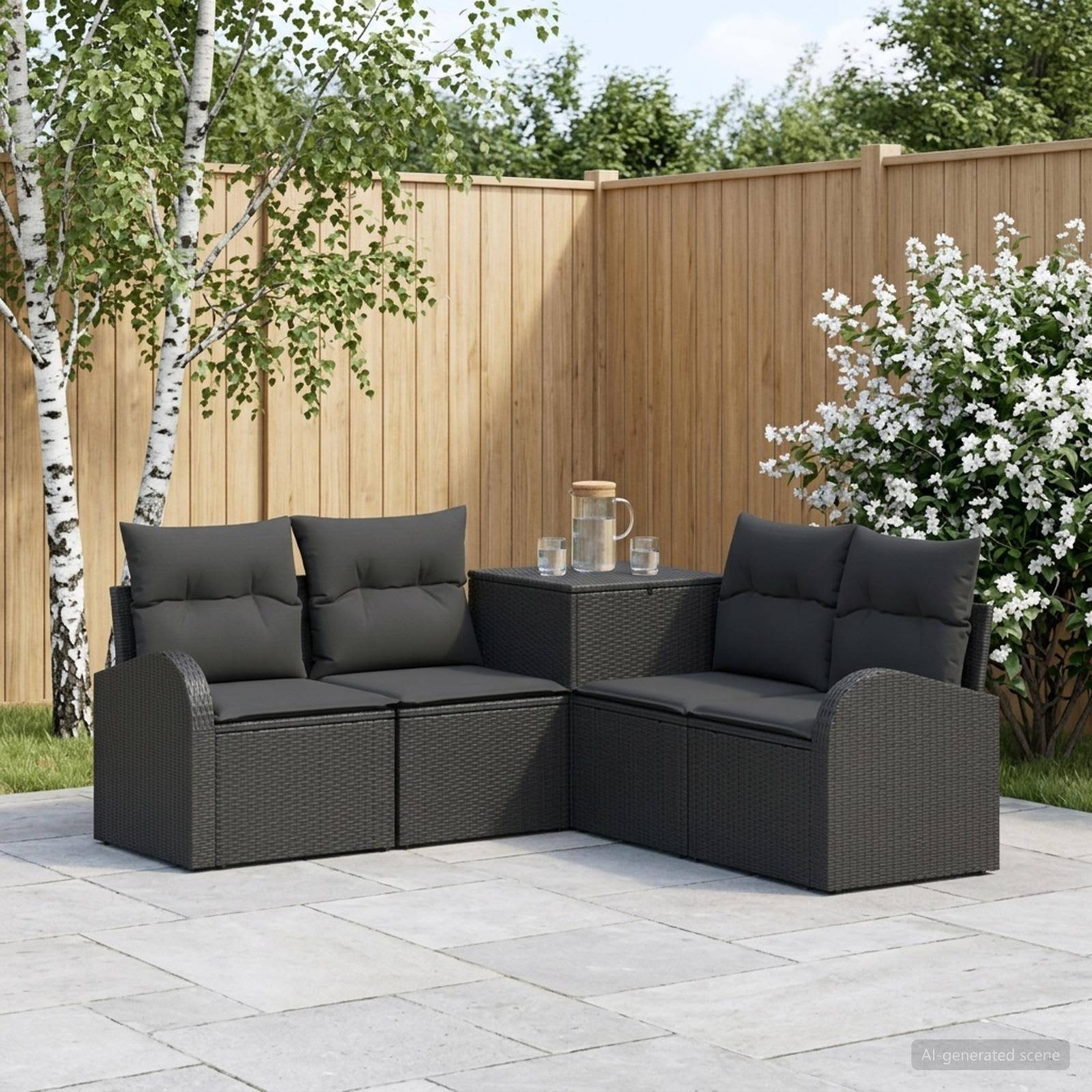 Außenbereich-Sitzmöbelset mit schwarzem Polyrattan-L-förmigem Sofa, Kissen und kleinem Tisch in einem eingezäunten Garten.