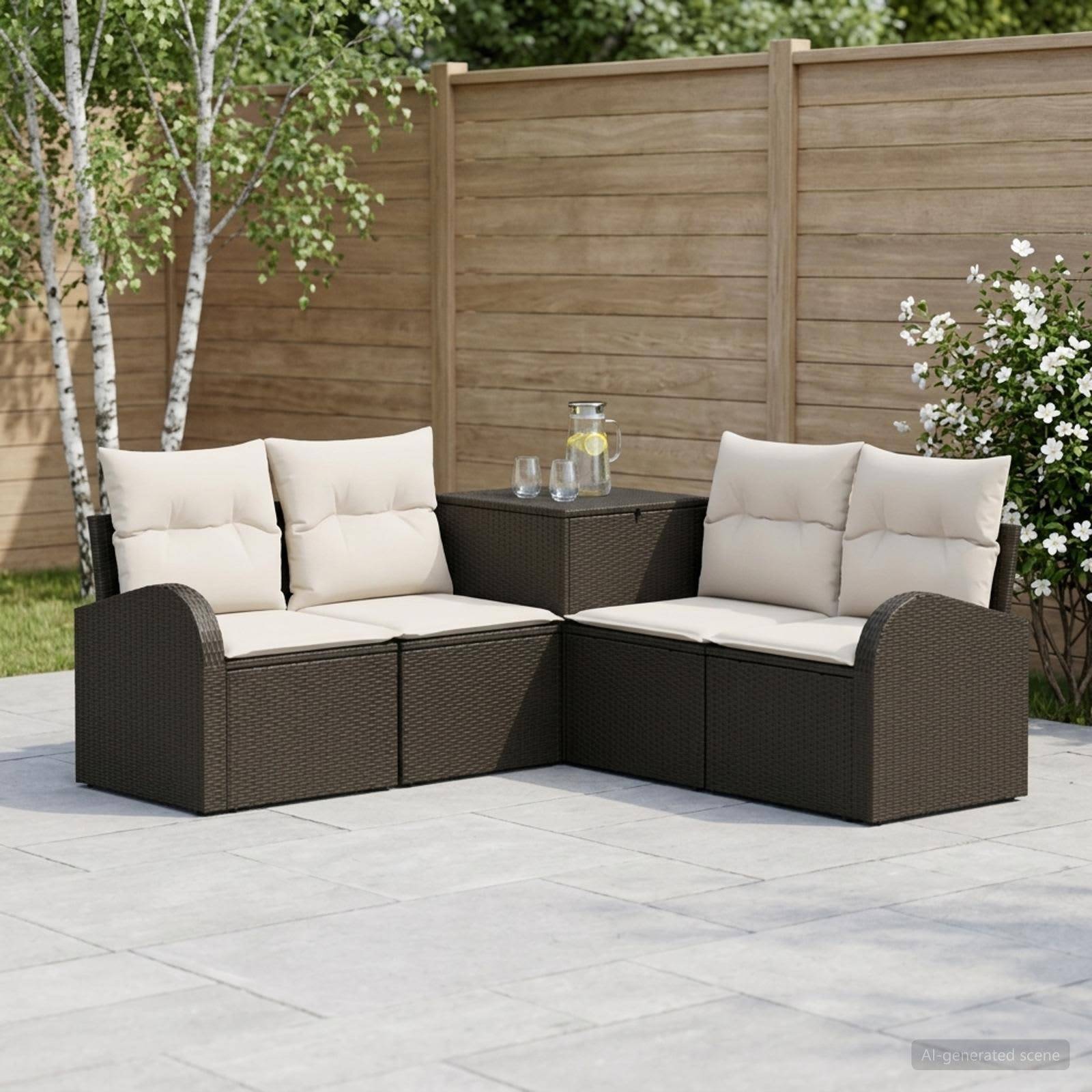 Outdoor-Lounge-Ecksofa mit beigen Kissen und passendem Glastisch, vor einem Holzzaun und Blumen.