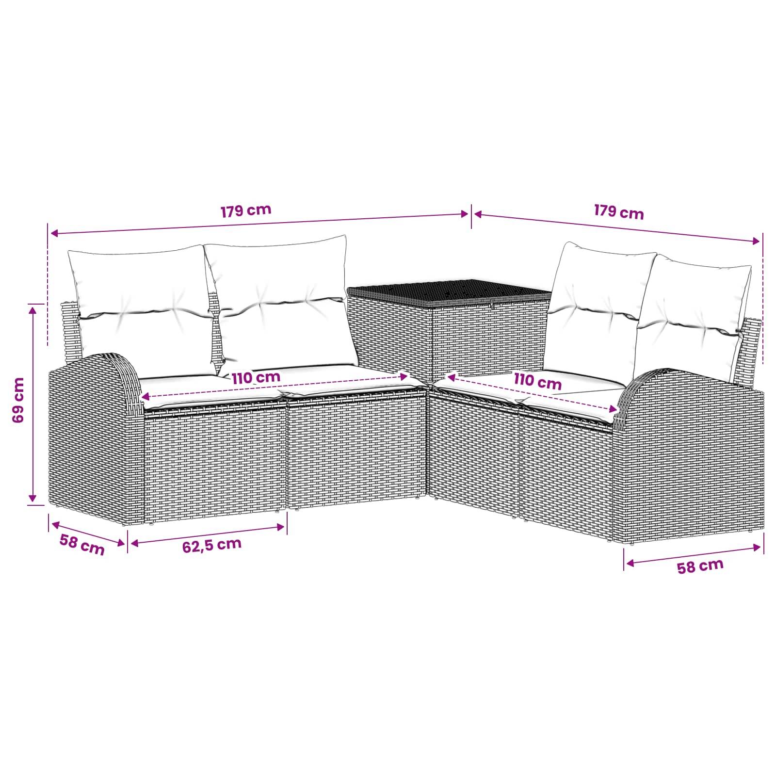 L-förmiges outdoor Polyrattan-Ecksofa mit zentralem Tisch, gezeigt mit Abmessungen: 179 cm breit pro Seite, 69 cm hoch, 58 cm Armtiefe, 62,5 cm Sitzhöhe, 110 cm Sitzbreite.