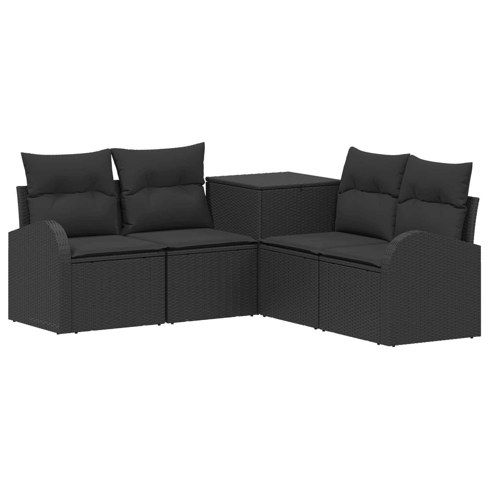 Schwarzes Polyrattan-Outdoor-Sectional-Sofa mit zwei Zweisitzern, Ecksessel und passendem Aufbewahrungskoffer-/Couchtisch auf weißem Hintergrund.