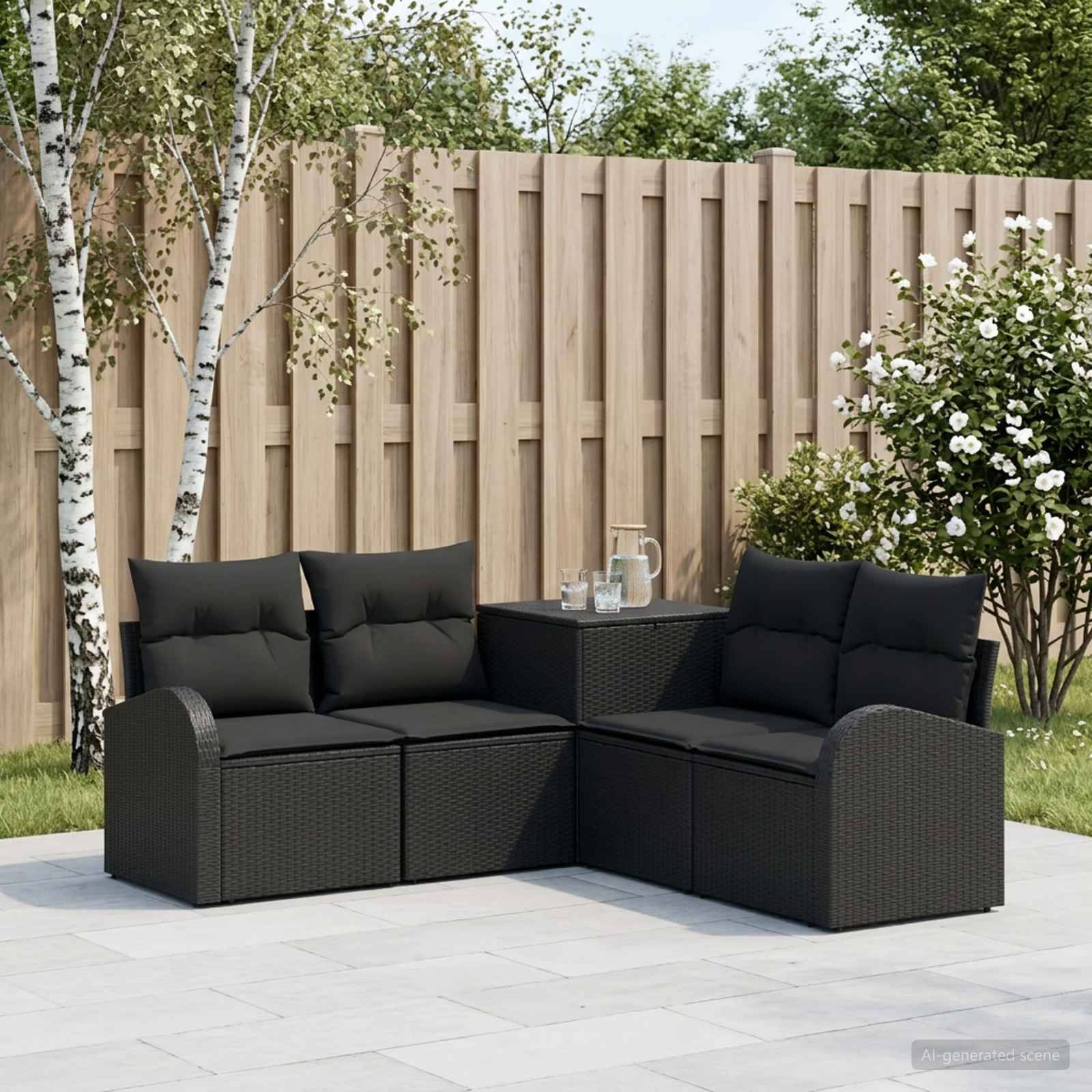 Schwarzes Außen-Ecksofa mit Kissen und einem kleinen Beistelltisch auf einer Terrasse, vor einem Holzzaun und Gartenbäumen.